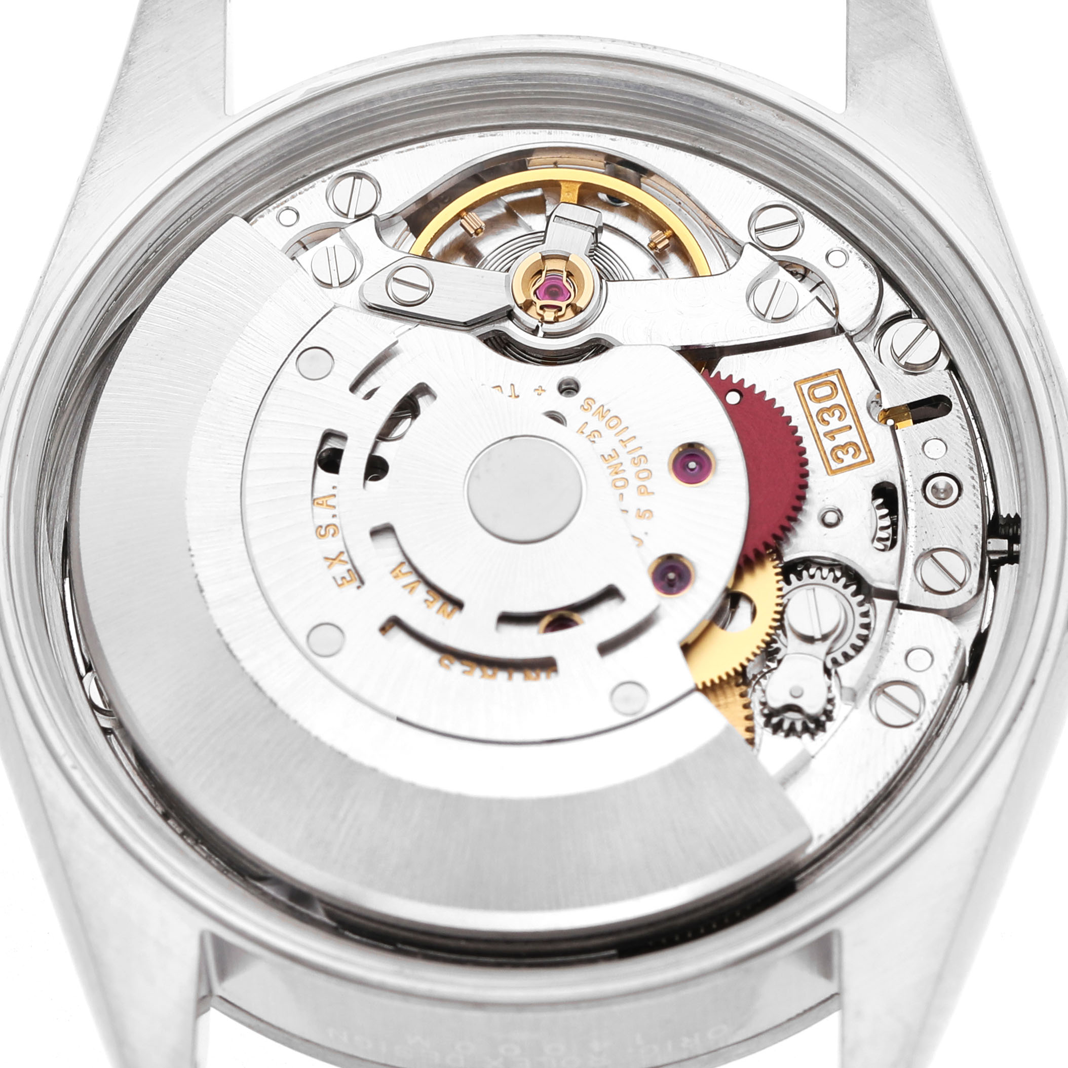 The image shows the movement and internal mechanism of a Rolex Air-King 14000 Men's Stainless Steel Black Dial watch from the back.