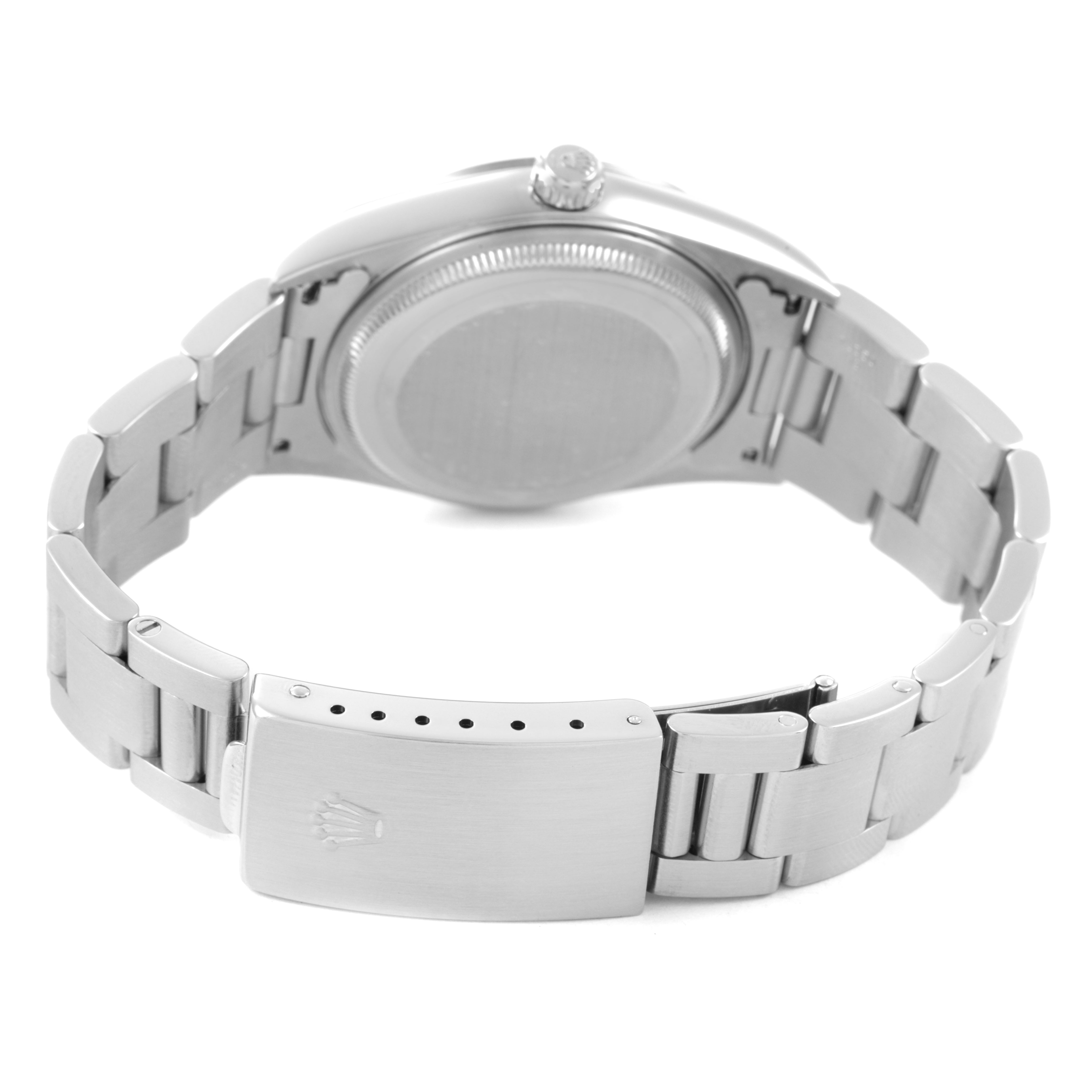 The Rolex Air-King 14000 Men's Stainless Steel Black Dial watch is shown from a rear angle, highlighting the stainless steel bracelet, clasp, and case back.