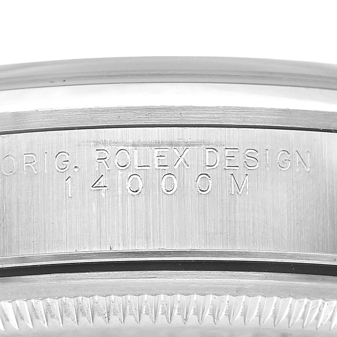 The image shows a side view of the Rolex Air-King 14000 Men's Stainless Steel Black Dial case, featuring engraved text on the bezel.