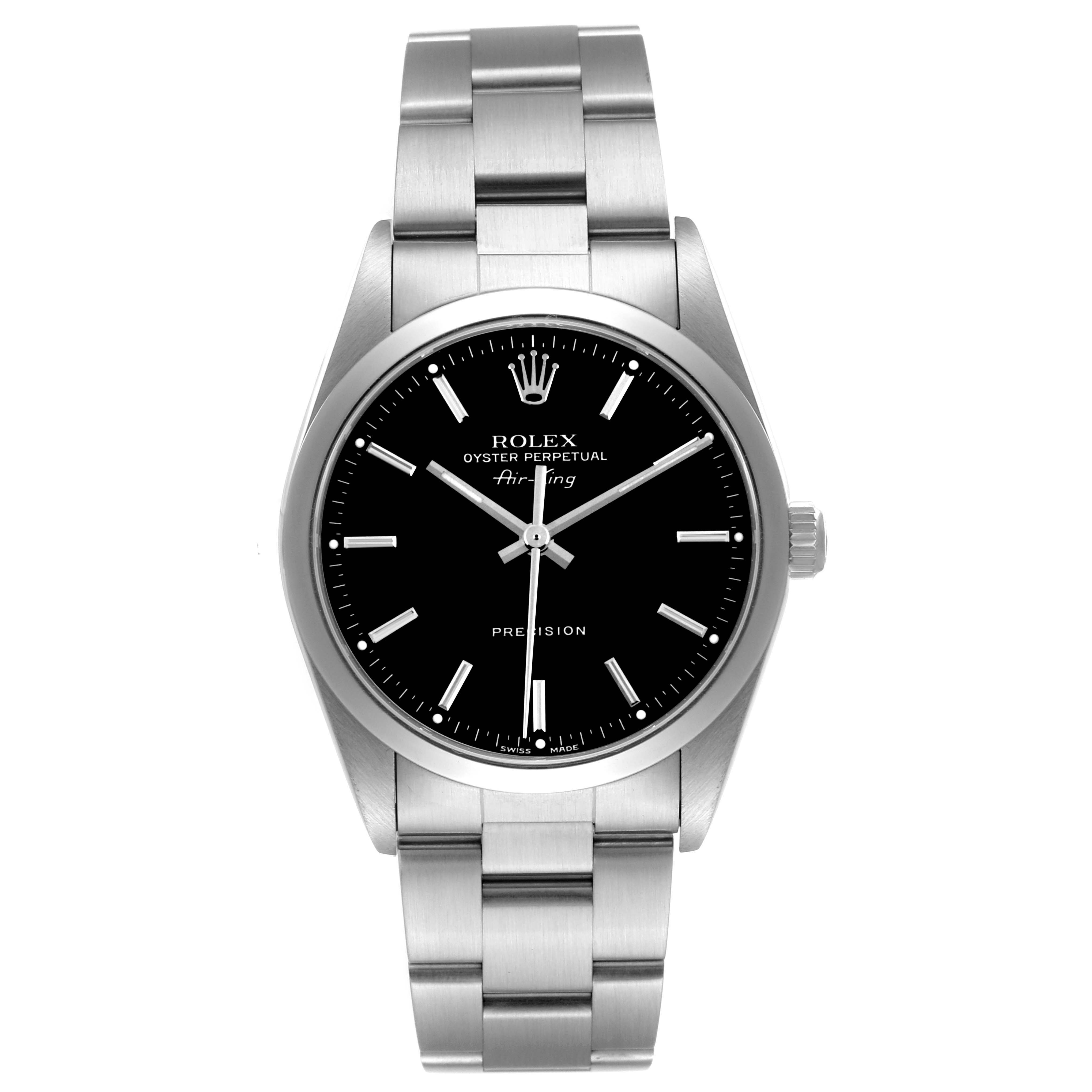 The Rolex Air-King 14000 Men's Stainless Steel Black Dial watch is shown from a front angle, displaying the entire face, bracelet, and crown.