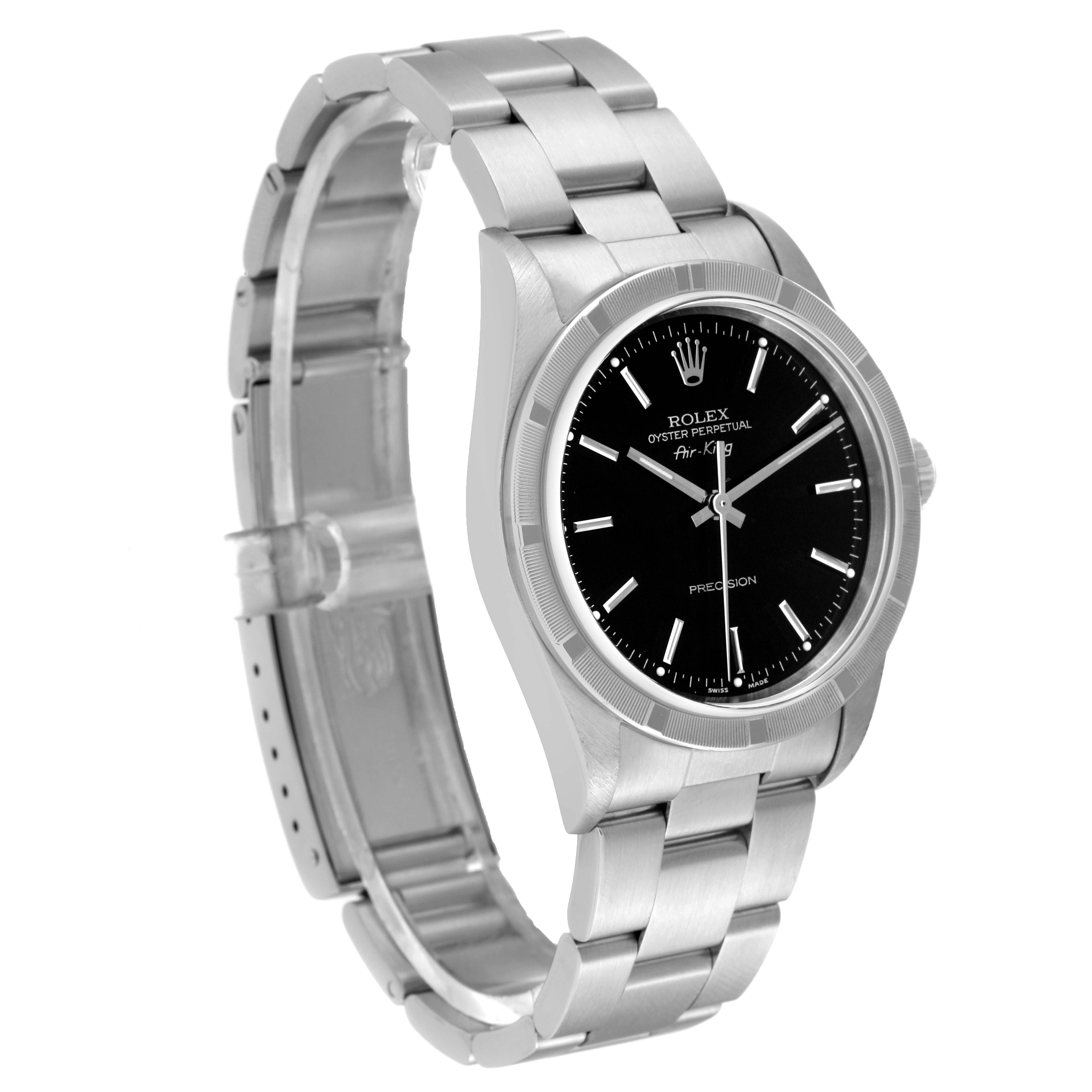 The image shows a side angle of the Rolex Air-King 14010 Men's Stainless Steel Black Dial 14010 Men's Stainless Steel Black Dial watch, displaying its bracelet, black dial, and case.