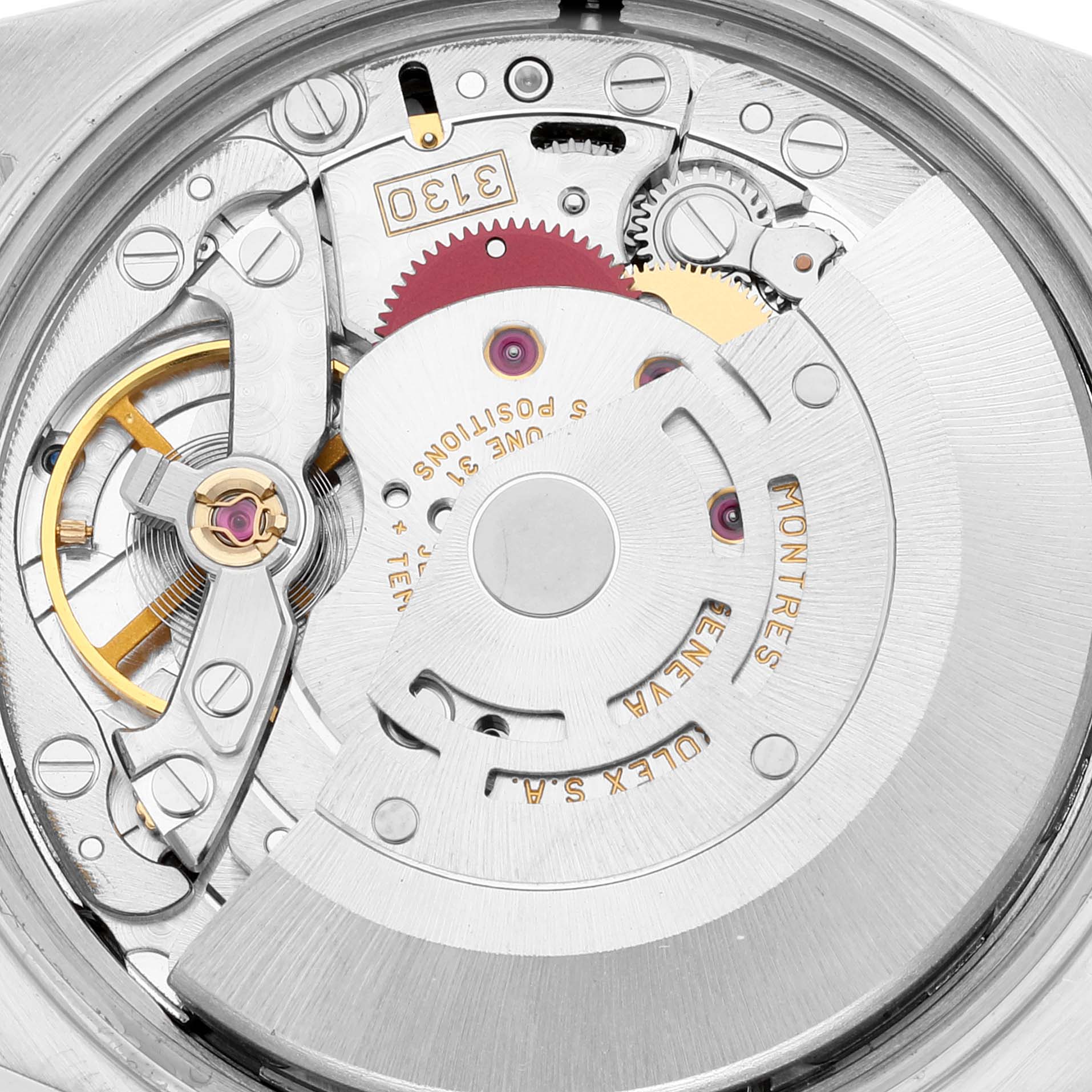 The image shows an internal view of the Rolex Air-King 14010 Men's Stainless Steel Black Dial 14010 Men's Stainless Steel Black Dial watch movement, featuring gears and the automatic rotor.