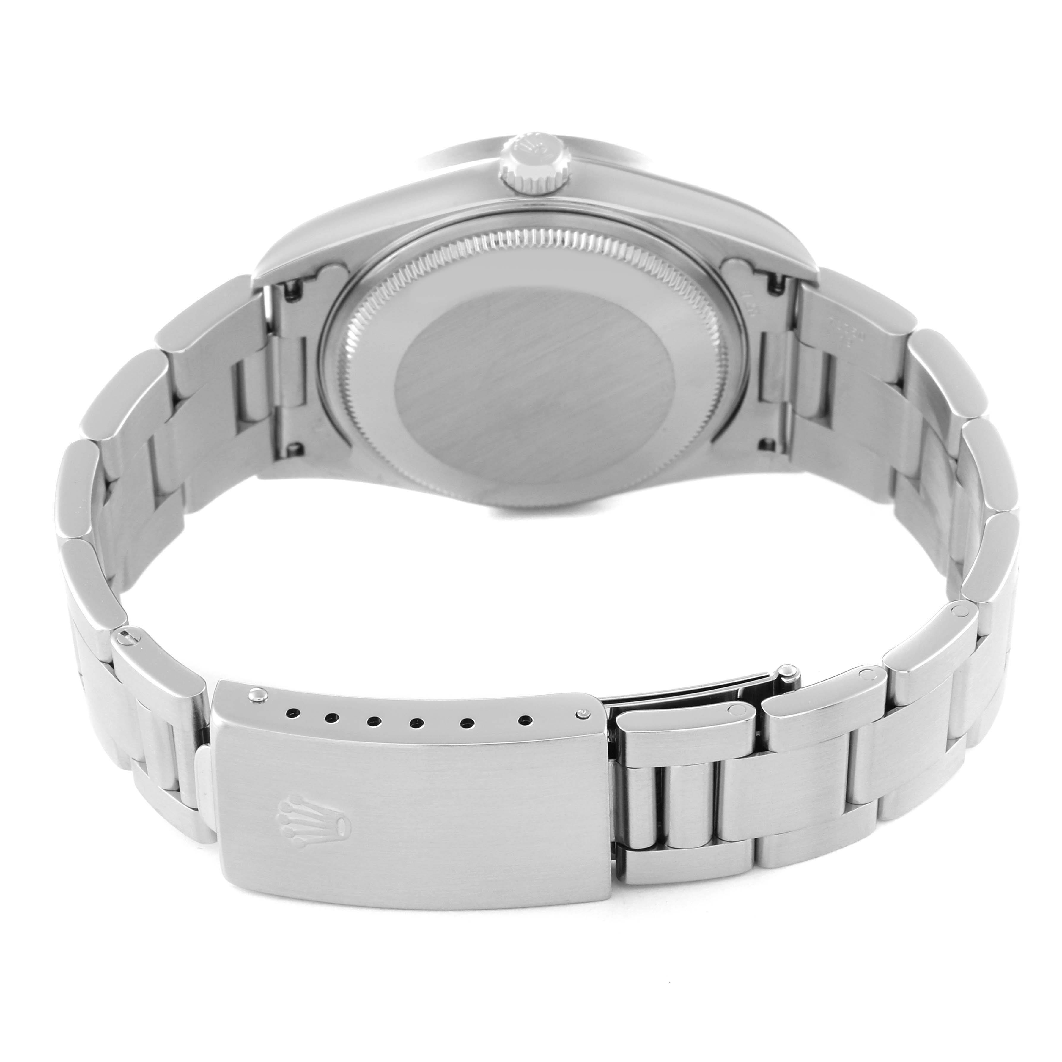 The image shows the back and clasp of a Rolex Air-King 14010 Men's Stainless Steel Black Dial 14010 Men's Stainless Steel Black Dial watch from a slightly elevated angle.