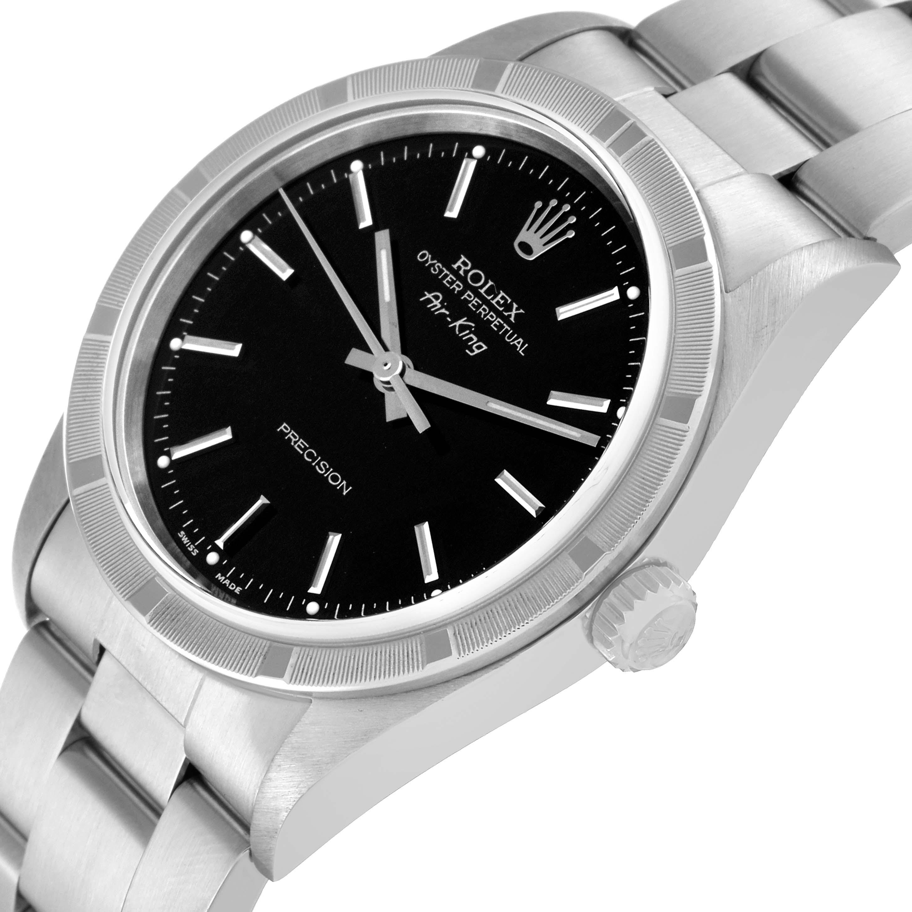 The image shows a Rolex Air-King 14010 Men's Stainless Steel Black Dial 14010 Men's Stainless Steel Black Dial watch at an angle highlighting the dial, bezel, case, crown, and part of the bracelet.