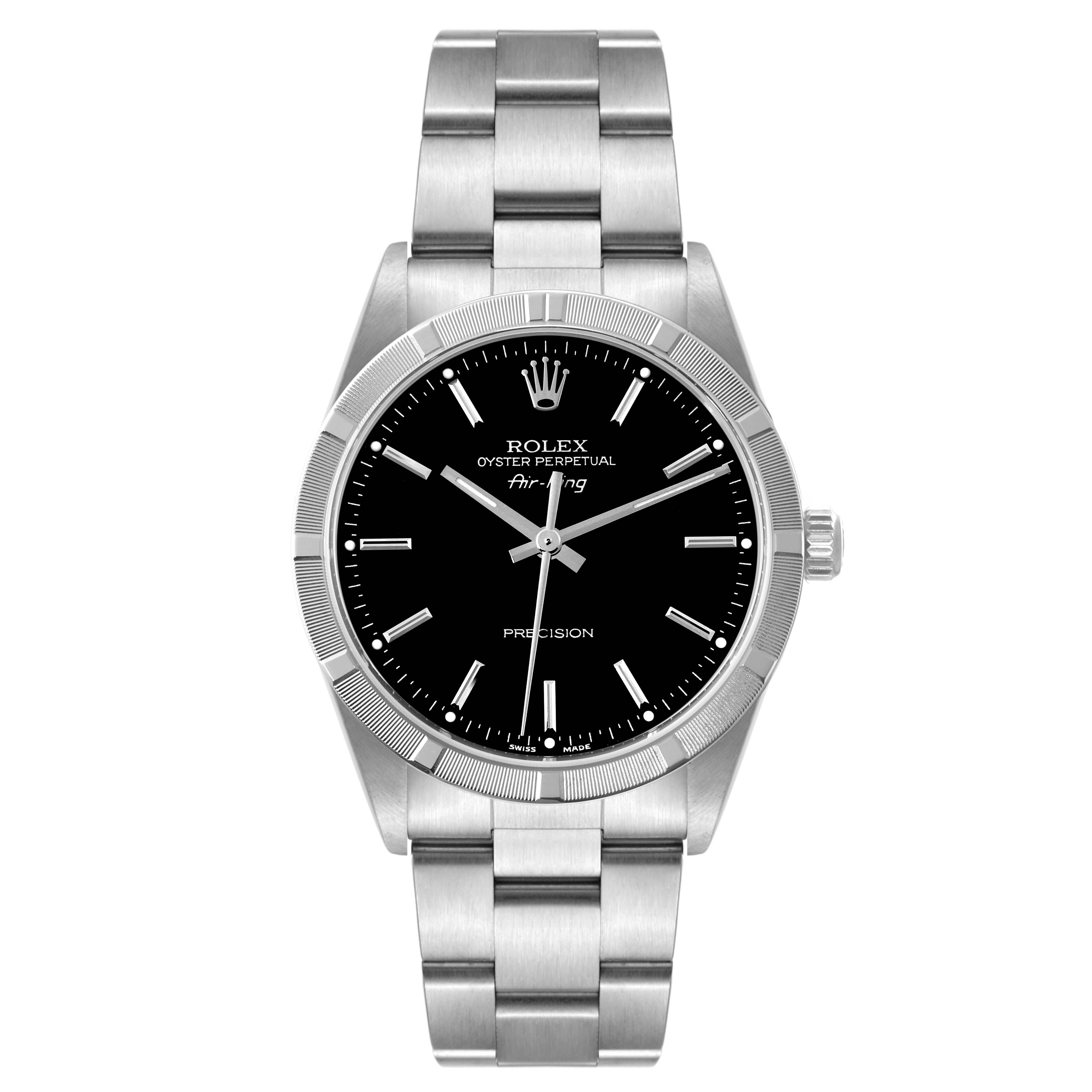 The image shows a front view of a Rolex Air-King 14010 Men's Stainless Steel Black Dial 14010 Men's Stainless Steel Black Dial watch, displaying the dial, case, and bracelet.