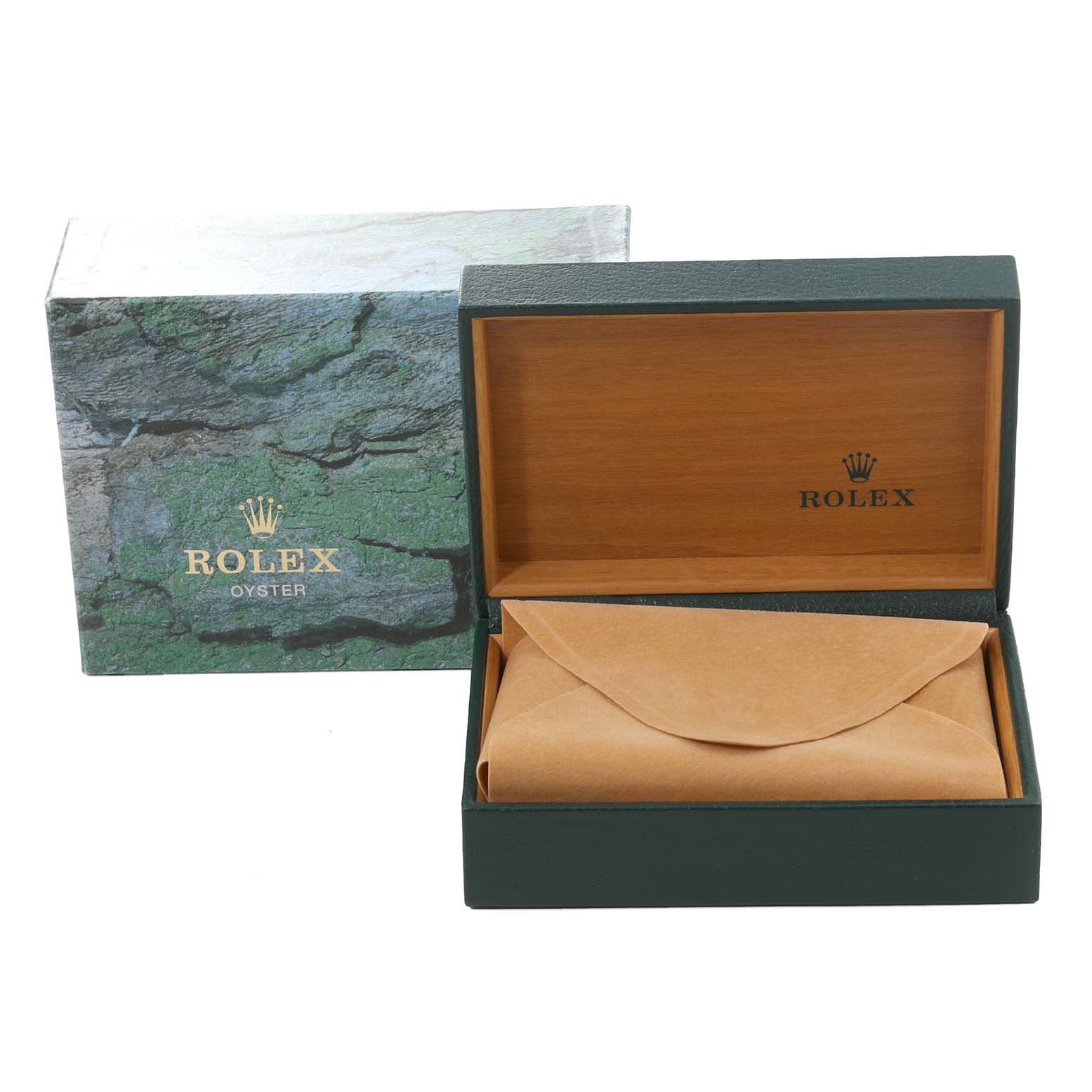 The image features a Rolex Air-King 14010 Men's Stainless Steel Black Dial 14010 Men's Stainless Steel Black Dial watch box and packaging, including the outer box with green textured design and the inner wooden box.