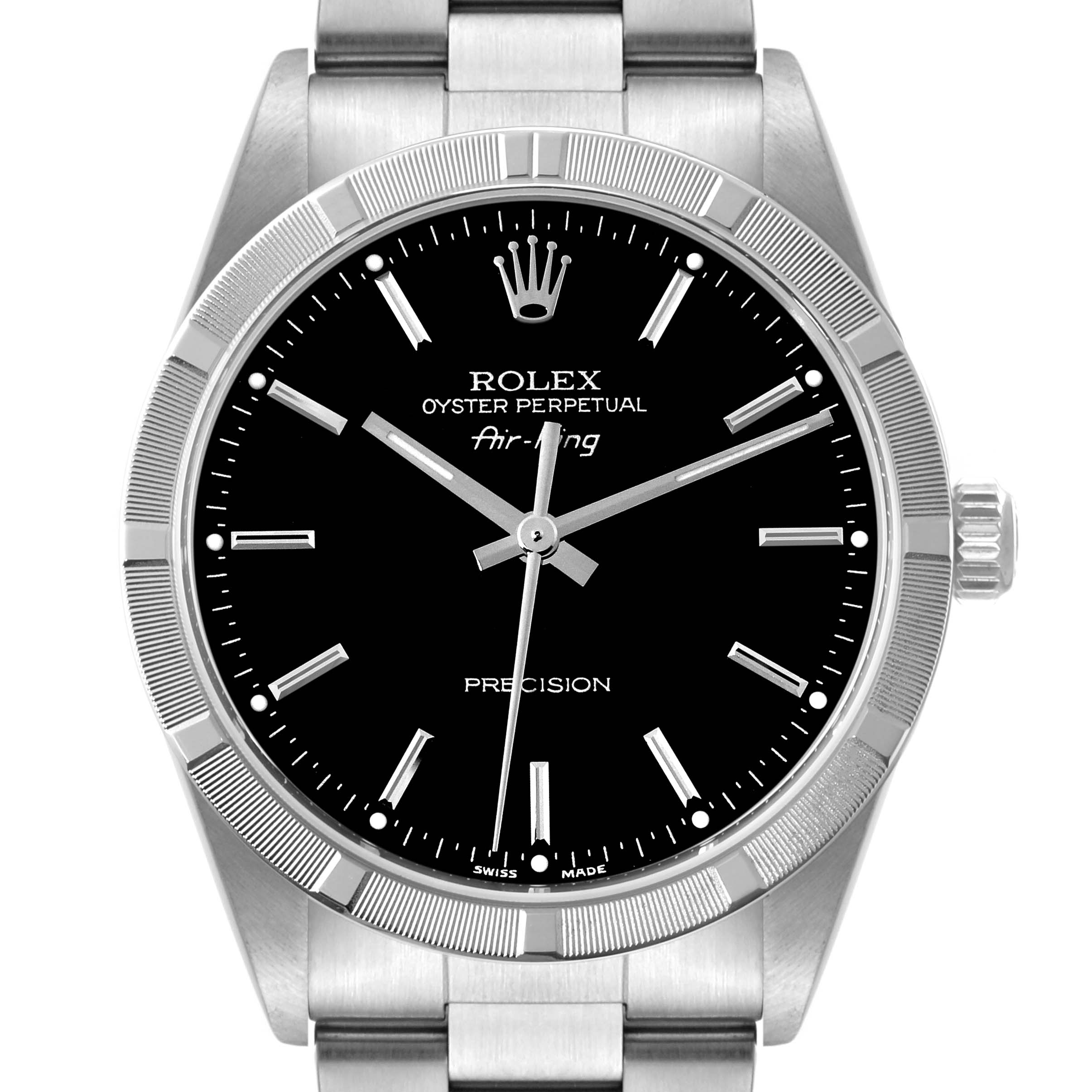The image shows a front view of a Rolex Air-King 14010 Men's Stainless Steel Black Dial 14010 Men's Stainless Steel Black Dial watch, highlighting its black dial, stainless steel case, and bracelet.