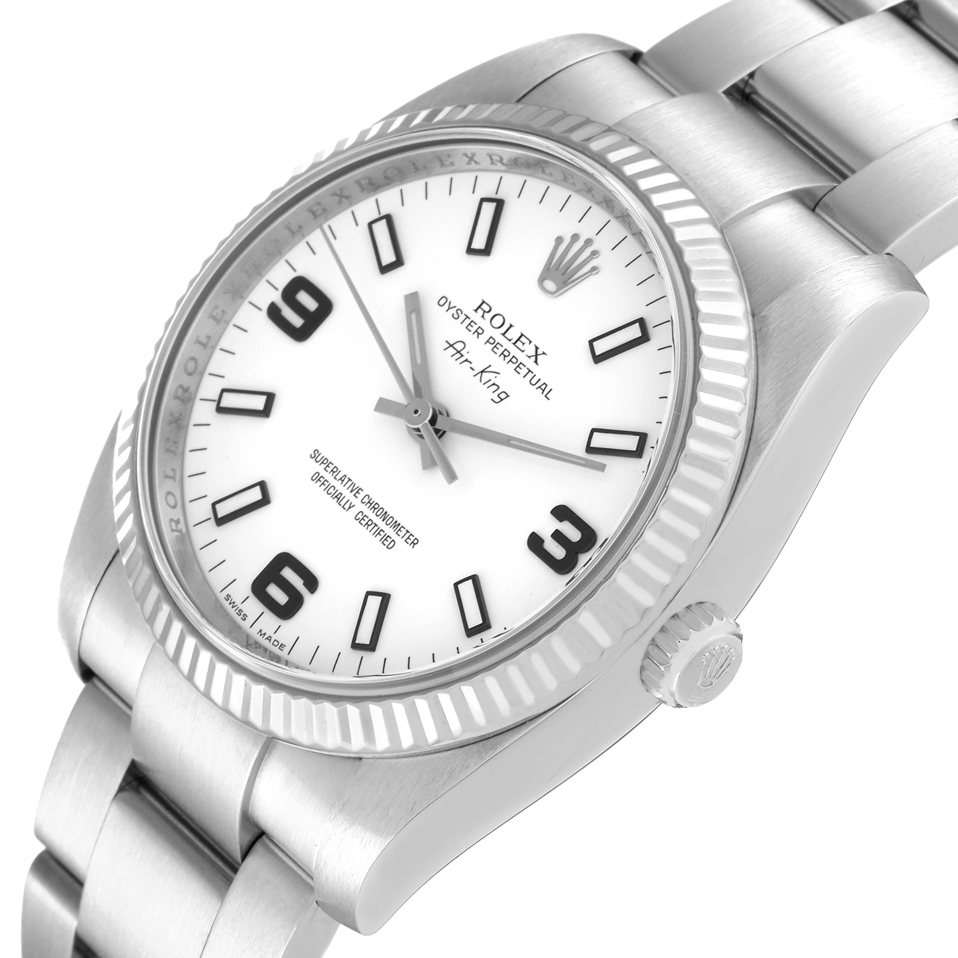 The Rolex Air-King 114234 Men's Stainless Steel White Dial 114234 Men's Stainless Steel White Dial watch is shown at an angled close-up, highlighting the face, bezel, crown, and bracelet.