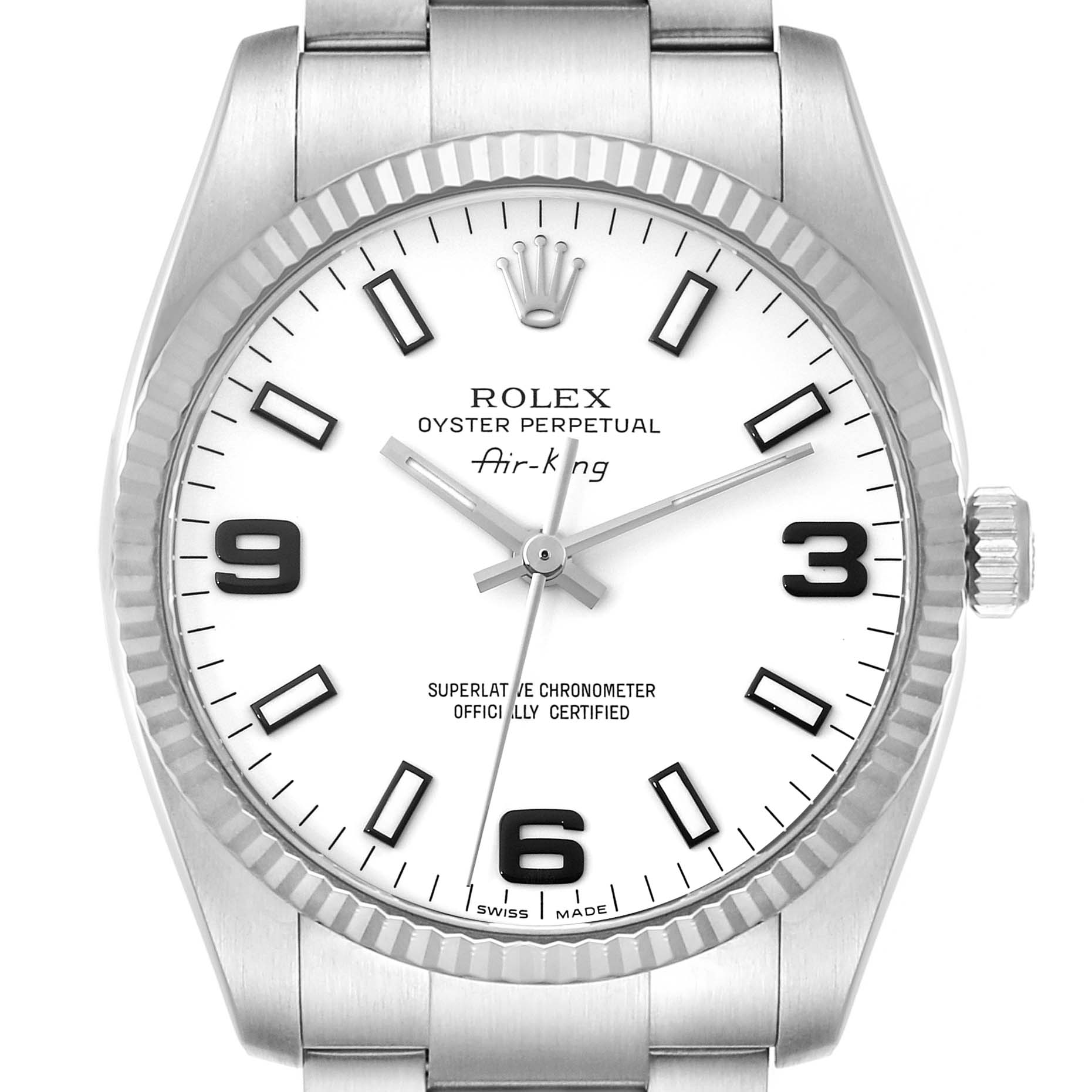 The image shows a front view of a Rolex Air-King 114234 Men's Stainless Steel White Dial 114234 Men's Stainless Steel White Dial watch featuring a white dial, black numerals, markers, and a stainless steel case and bracelet.