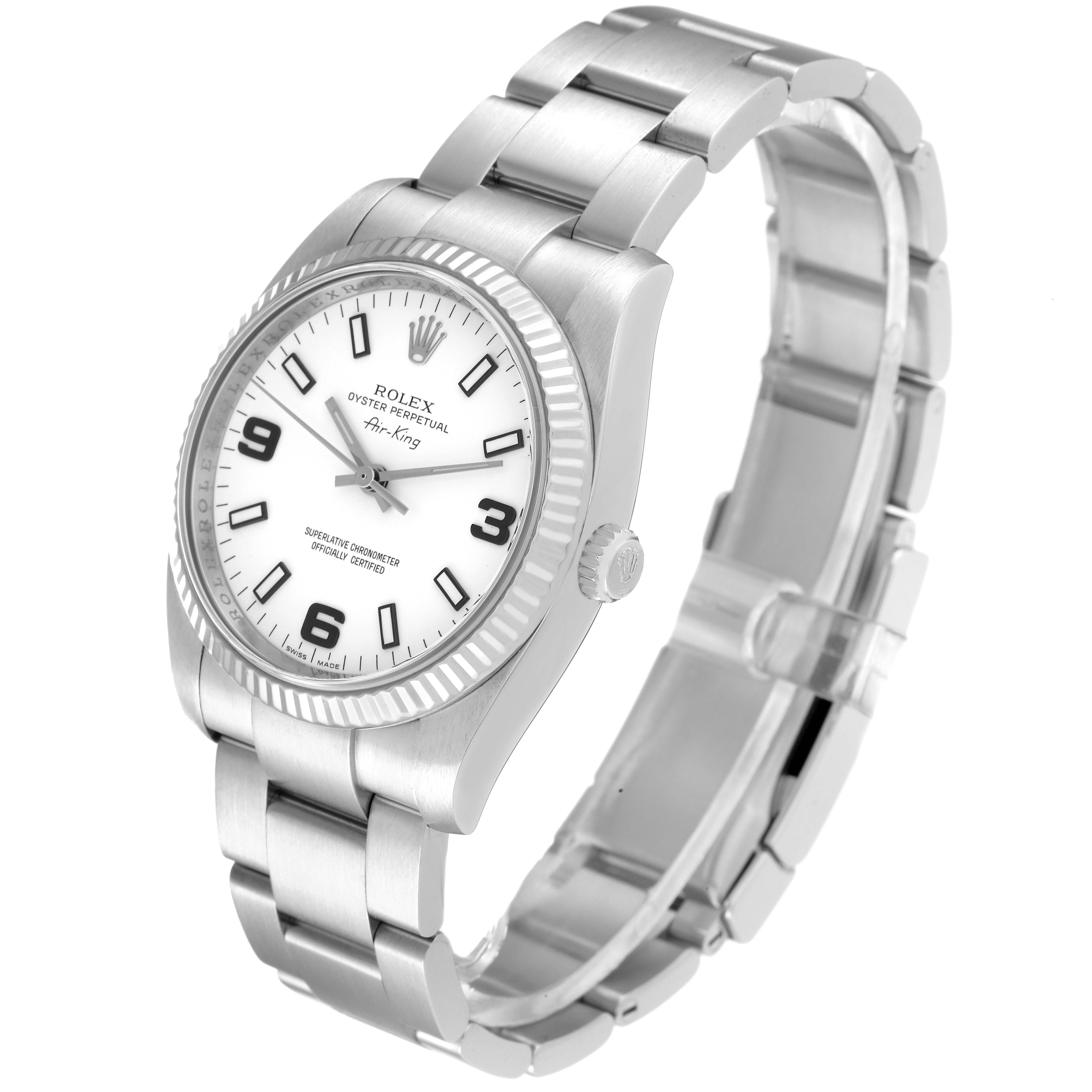 The Rolex Air-King 114234 Men's Stainless Steel White Dial 114234 Men's Stainless Steel White Dial watch is shown at an angled view, displaying its face, crown, and stainless steel bracelet.