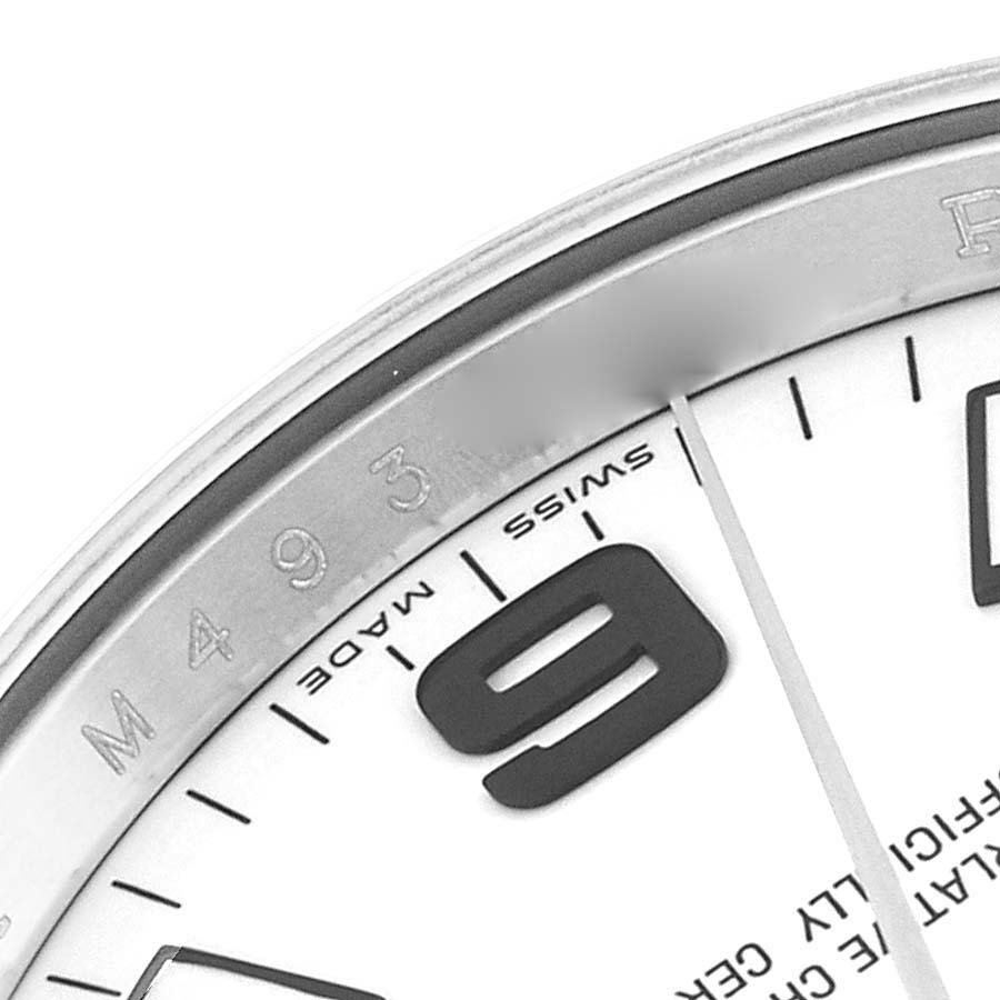 This image shows a partial, close-up view of the dial and bezel of a Rolex Air-King 114234 Men's Stainless Steel White Dial 114234 Men's Stainless Steel White Dial watch, highlighting the number 9 and "Swiss Made" text.