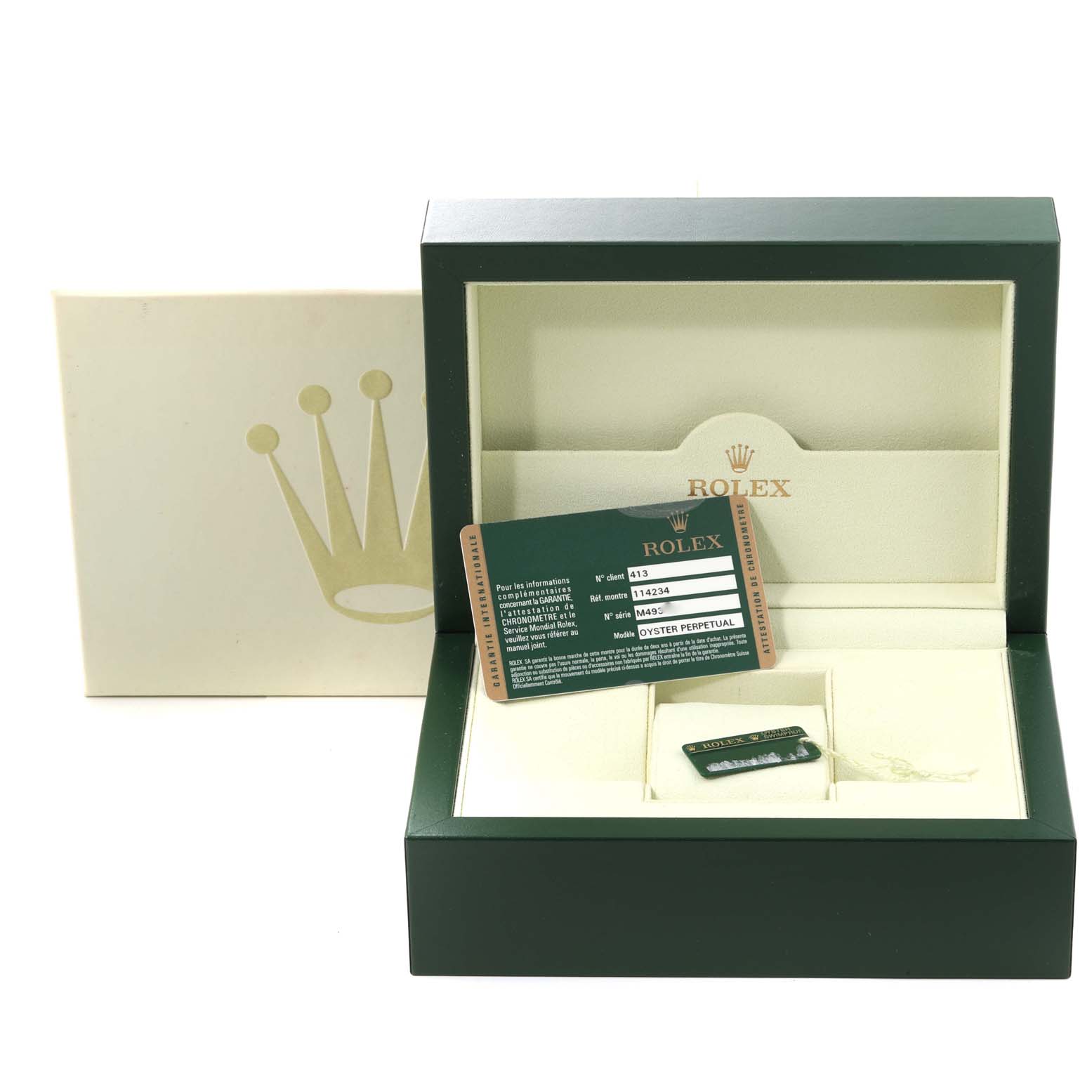 The image shows a Rolex Air-King 114234 Men's Stainless Steel White Dial 114234 Men's Stainless Steel White Dial watch box, an authenticity card, and a tag, viewed from a front angle.