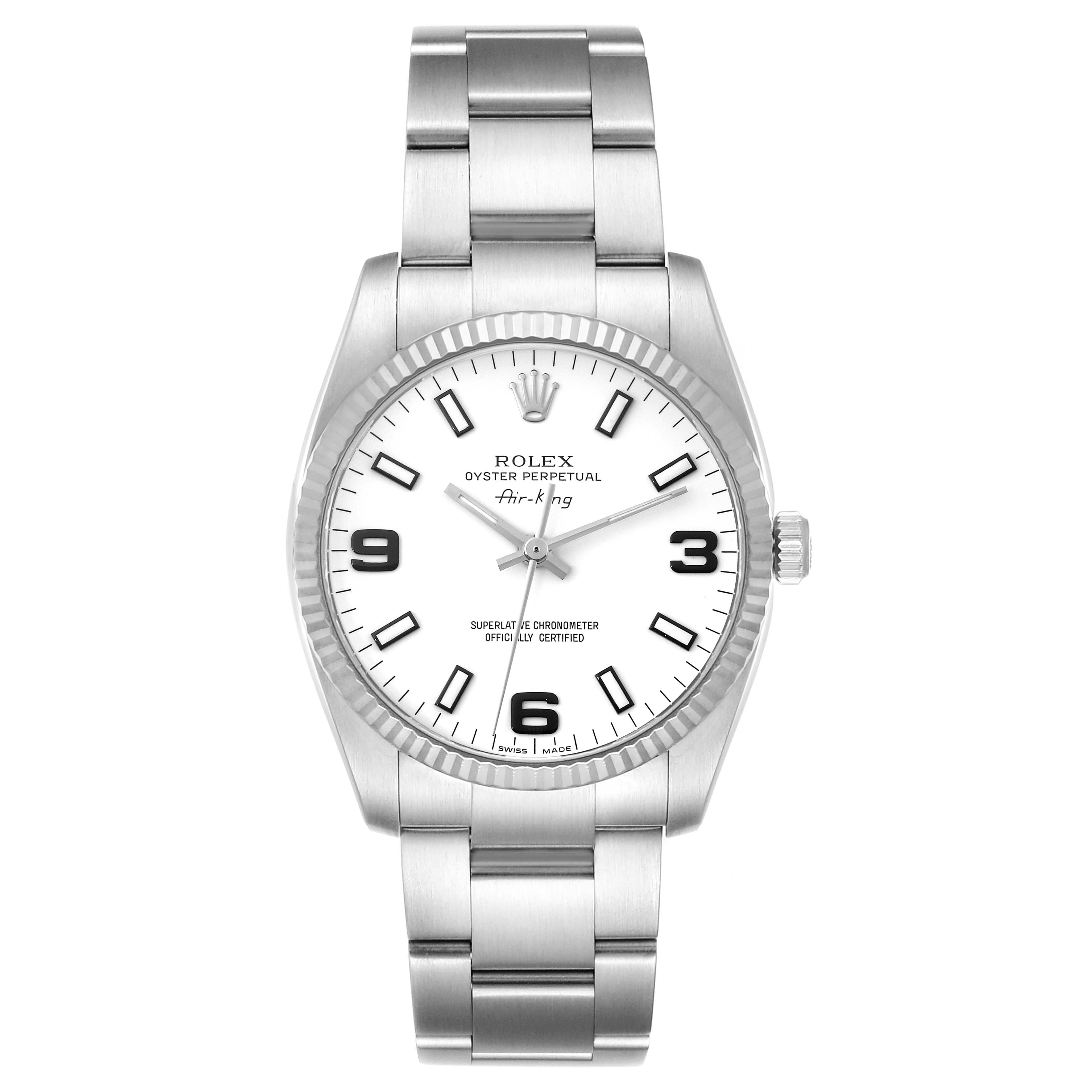 The image shows a front view of the Rolex Air-King 114234 Men's Stainless Steel White Dial 114234 Men's Stainless Steel White Dial watch, displaying its face, case, and stainless steel bracelet.