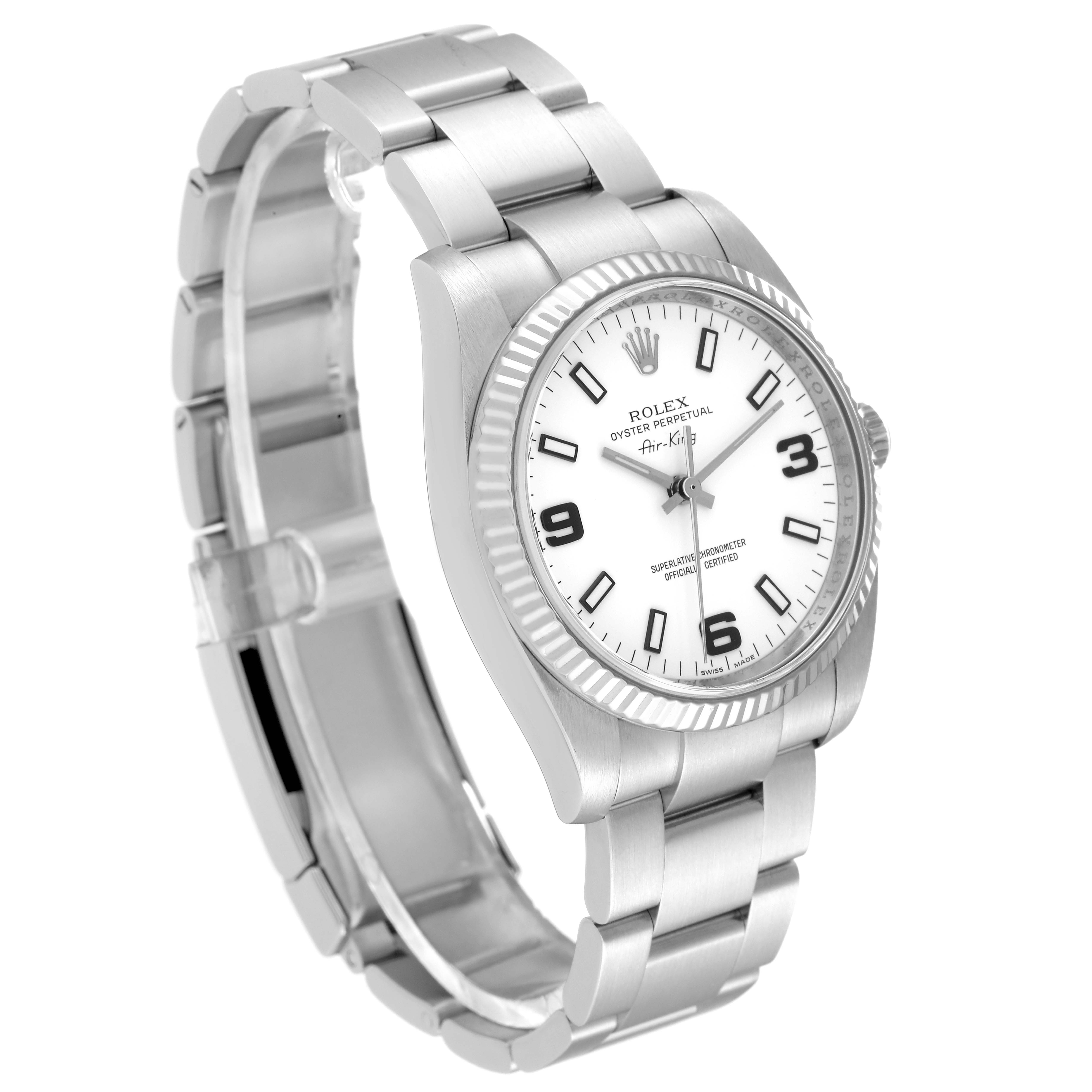 The image shows a Rolex Air-King 114234 Men's Stainless Steel White Dial 114234 Men's Stainless Steel White Dial watch at a three-quarter angle, highlighting the dial, bezel, and bracelet.