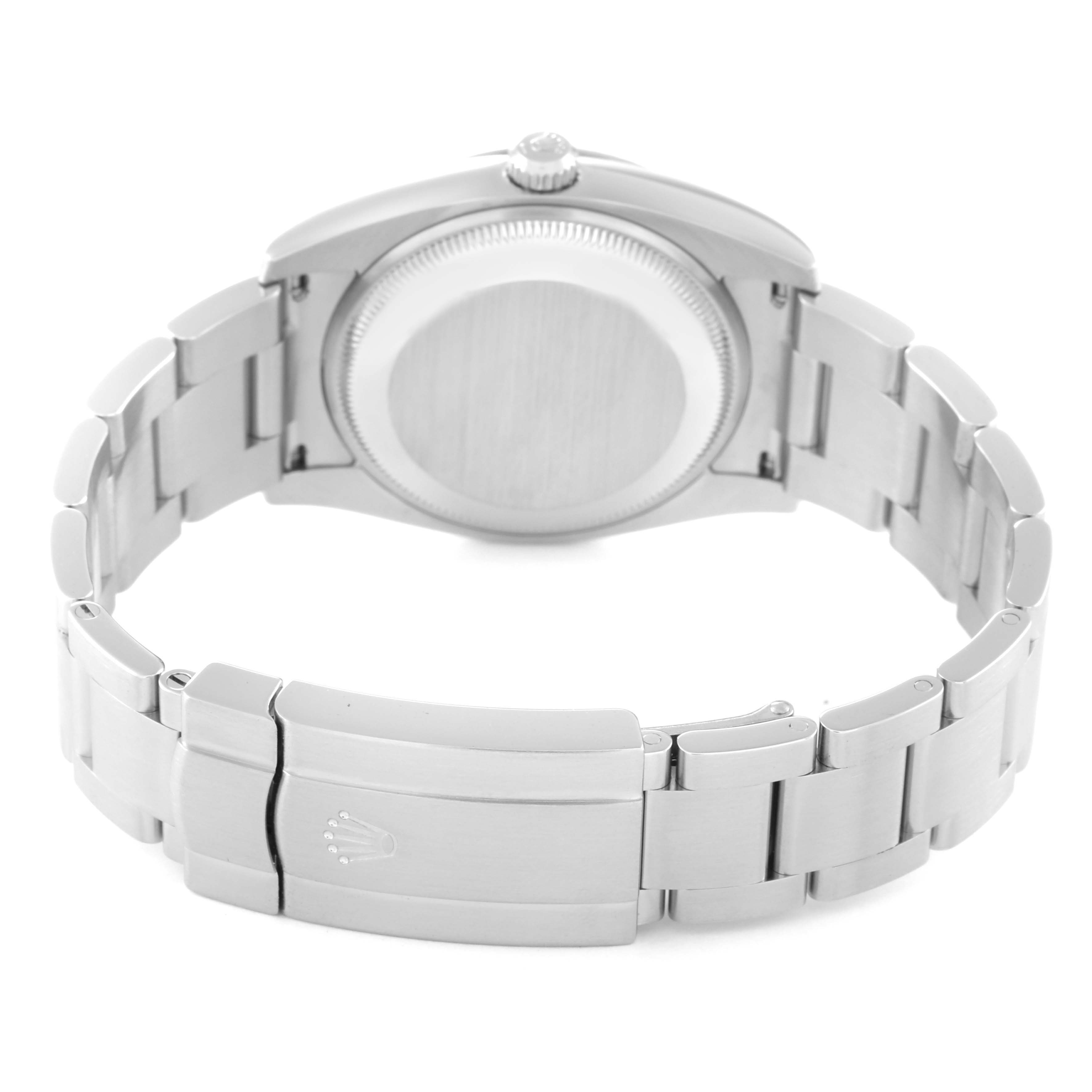 This image shows the back of a Rolex Air-King 114234 Men's Stainless Steel White Dial 114234 Men's Stainless Steel White Dial watch, showcasing the case and bracelet clasp.