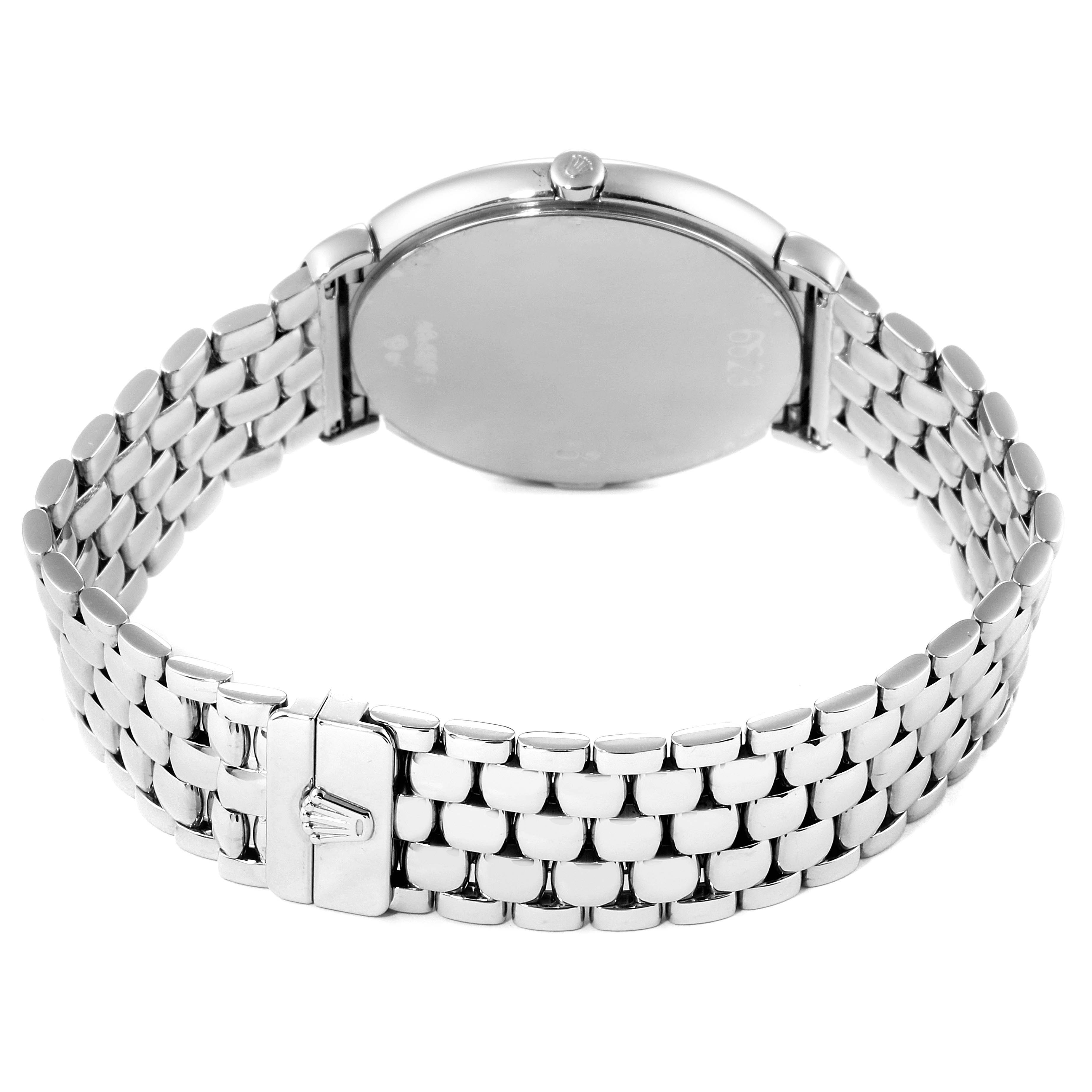 This image shows the back view of a Rolex Cellini 6623 Men's White Gold Mother of Pearl Dial 6623 Men's White Gold Mother of Pearl Dial watch, highlighting its bracelet and clasp.