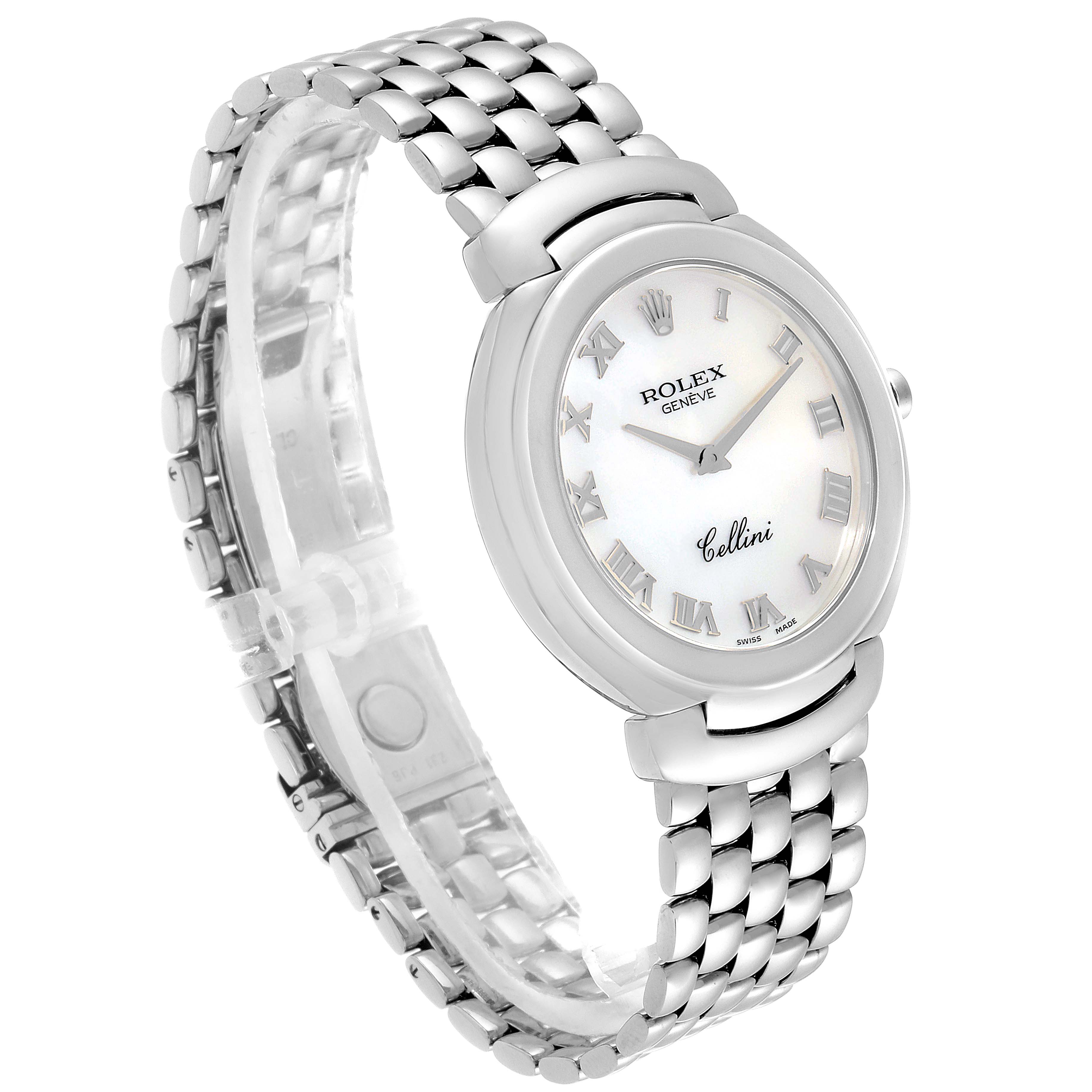 The Rolex Cellini 6623 Men's White Gold Mother of Pearl Dial 6623 Men's White Gold Mother of Pearl Dial watch is shown at a slight angle, displaying the watch face, bezel, and part of the bracelet.