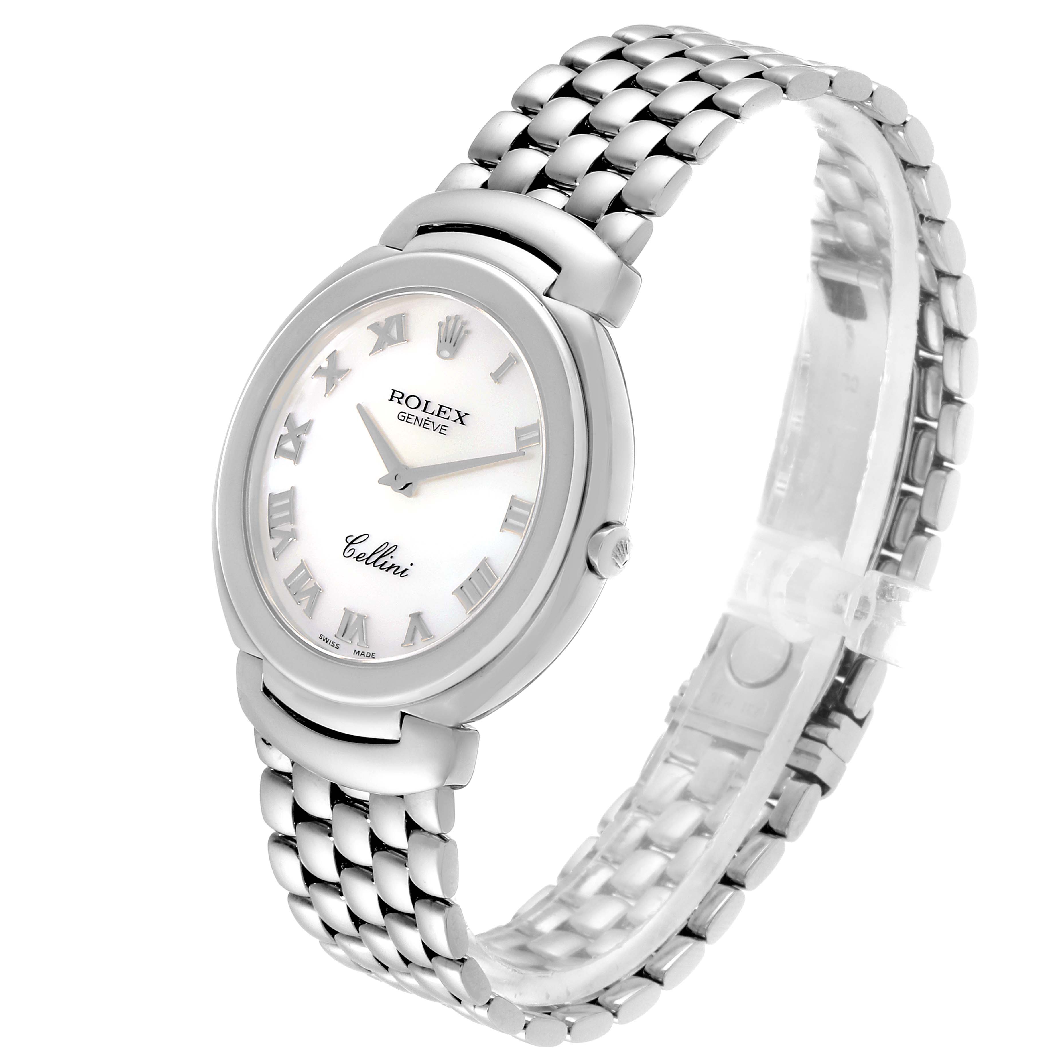 The image shows a Rolex Cellini 6623 Men's White Gold Mother of Pearl Dial 6623 Men's White Gold Mother of Pearl Dial watch at an angled view, showcasing its face, bezel, crown, and bracelet.