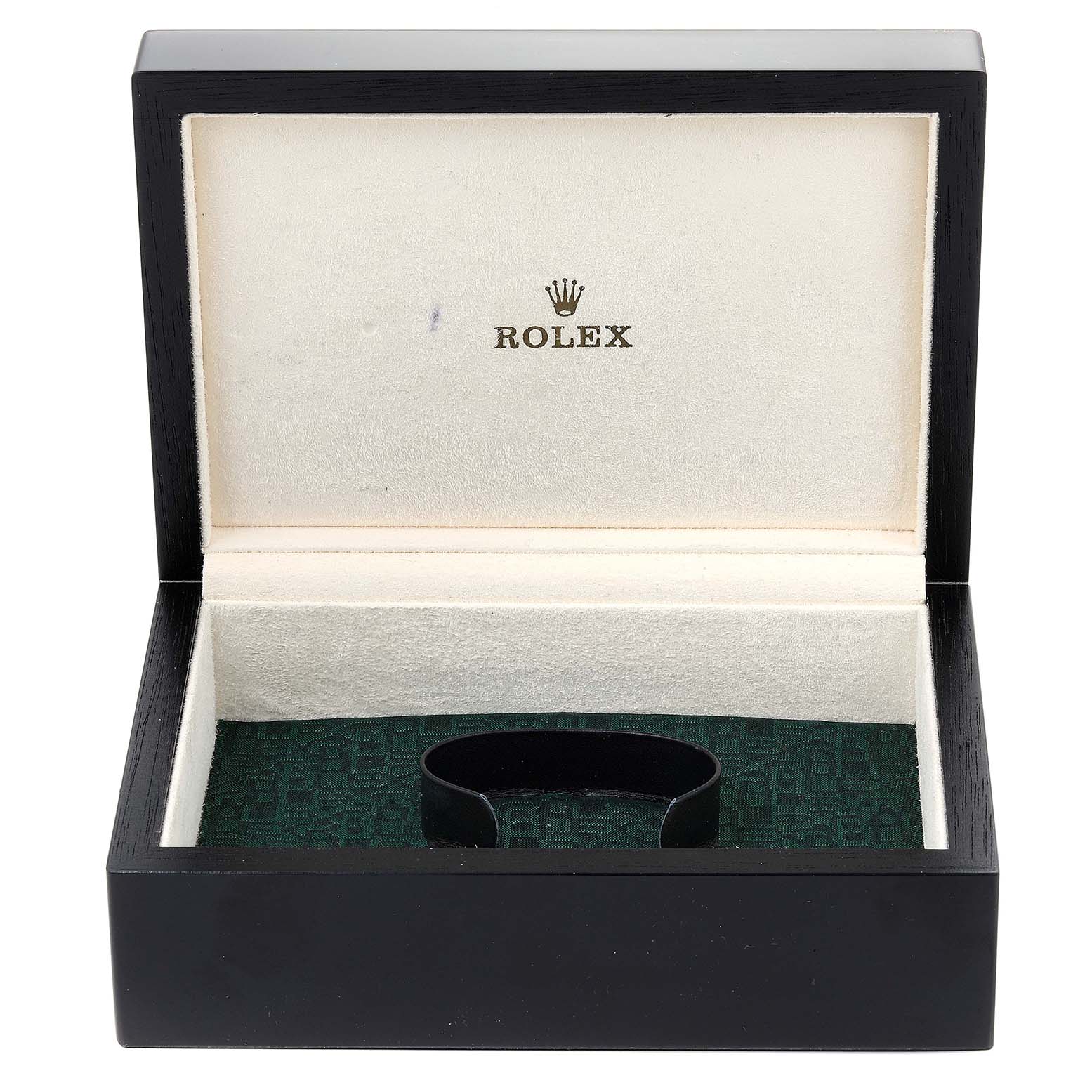 The image shows an empty Rolex Cellini 6623 Men's White Gold Mother of Pearl Dial 6623 Men's White Gold Mother of Pearl Dial watch box open at an angle, highlighting its interior cushioning and logo.