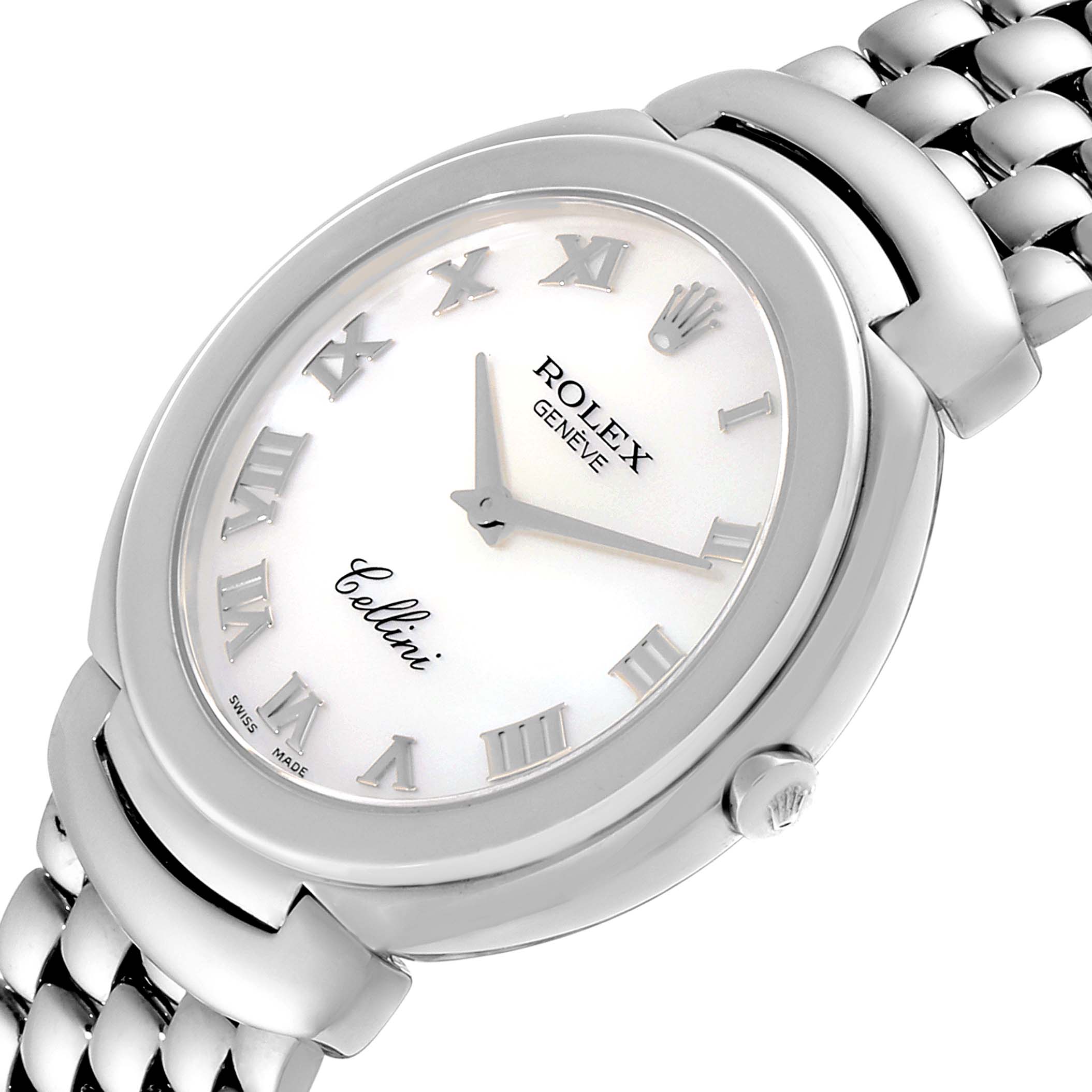 The image shows a close-up angle of the Rolex Cellini 6623 Men's White Gold Mother of Pearl Dial 6623 Men's White Gold Mother of Pearl Dial model watch, highlighting its face and part of the linked bracelet.