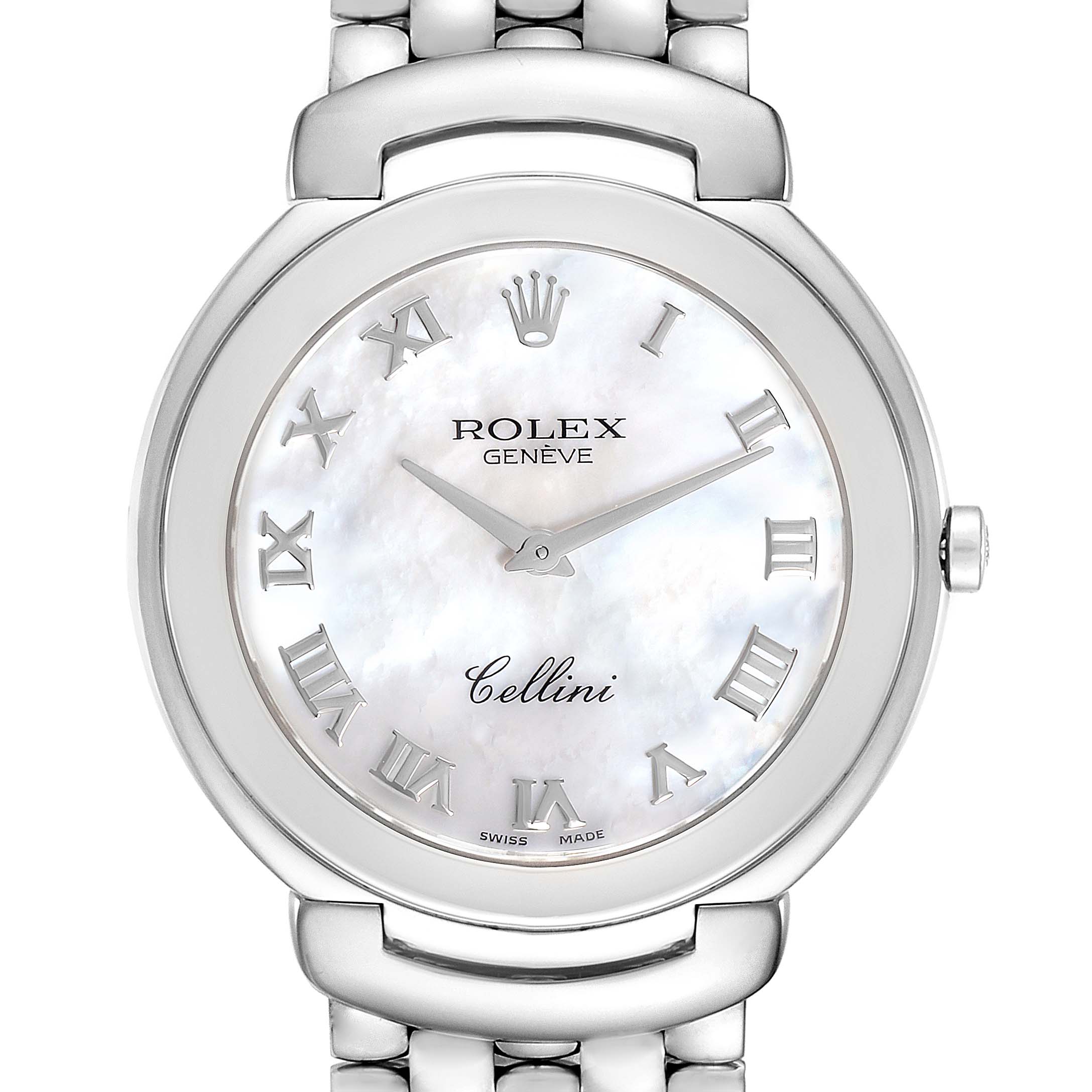 The image shows a frontal view of the Rolex Cellini 6623 Men's White Gold Mother of Pearl Dial 6623 Men's White Gold Mother of Pearl Dial watch, highlighting its dial, crown, and part of the bracelet.