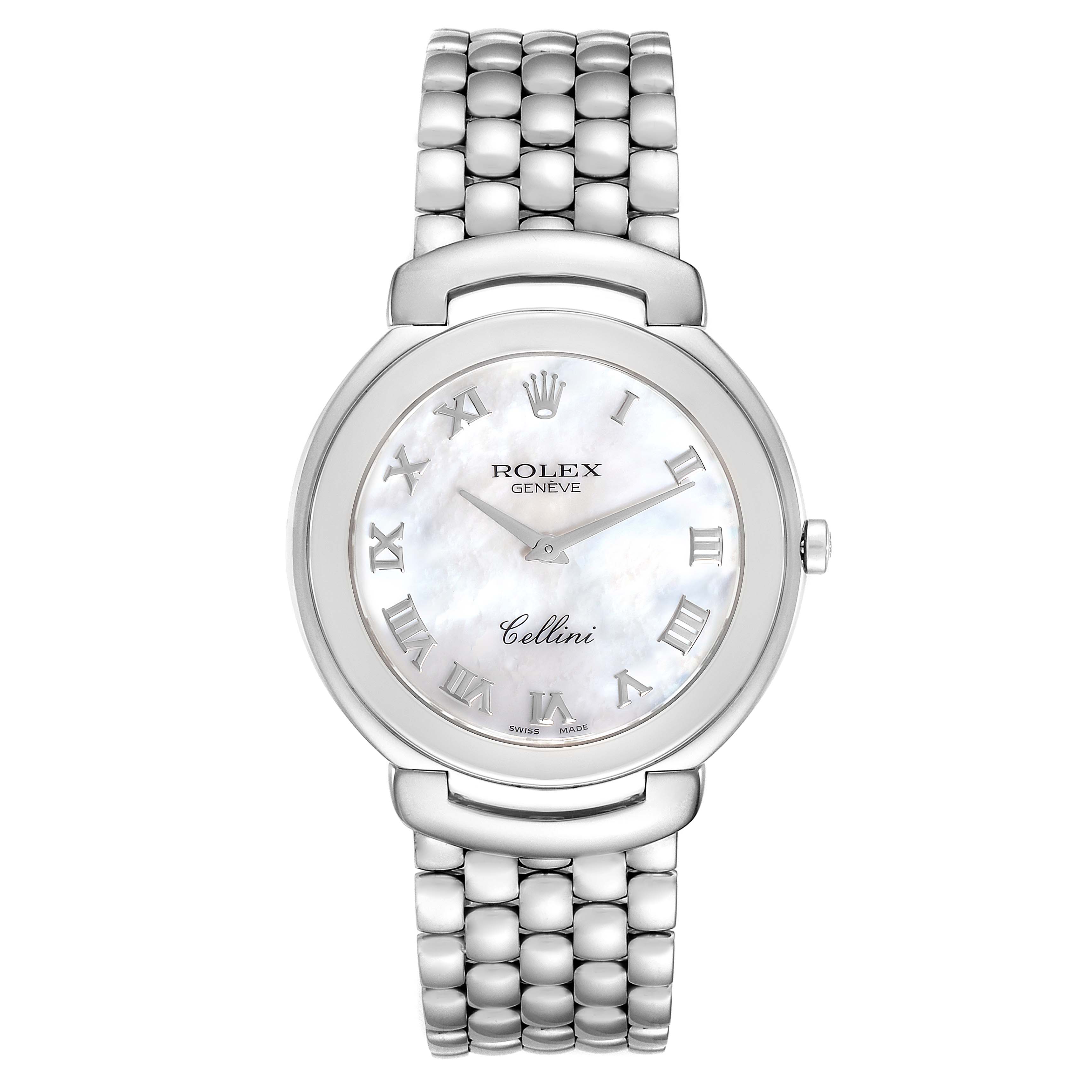 The image shows a front view of the Rolex Cellini 6623 Men's White Gold Mother of Pearl Dial 6623 Men's White Gold Mother of Pearl Dial watch, highlighting the face, bezel, and bracelet.
