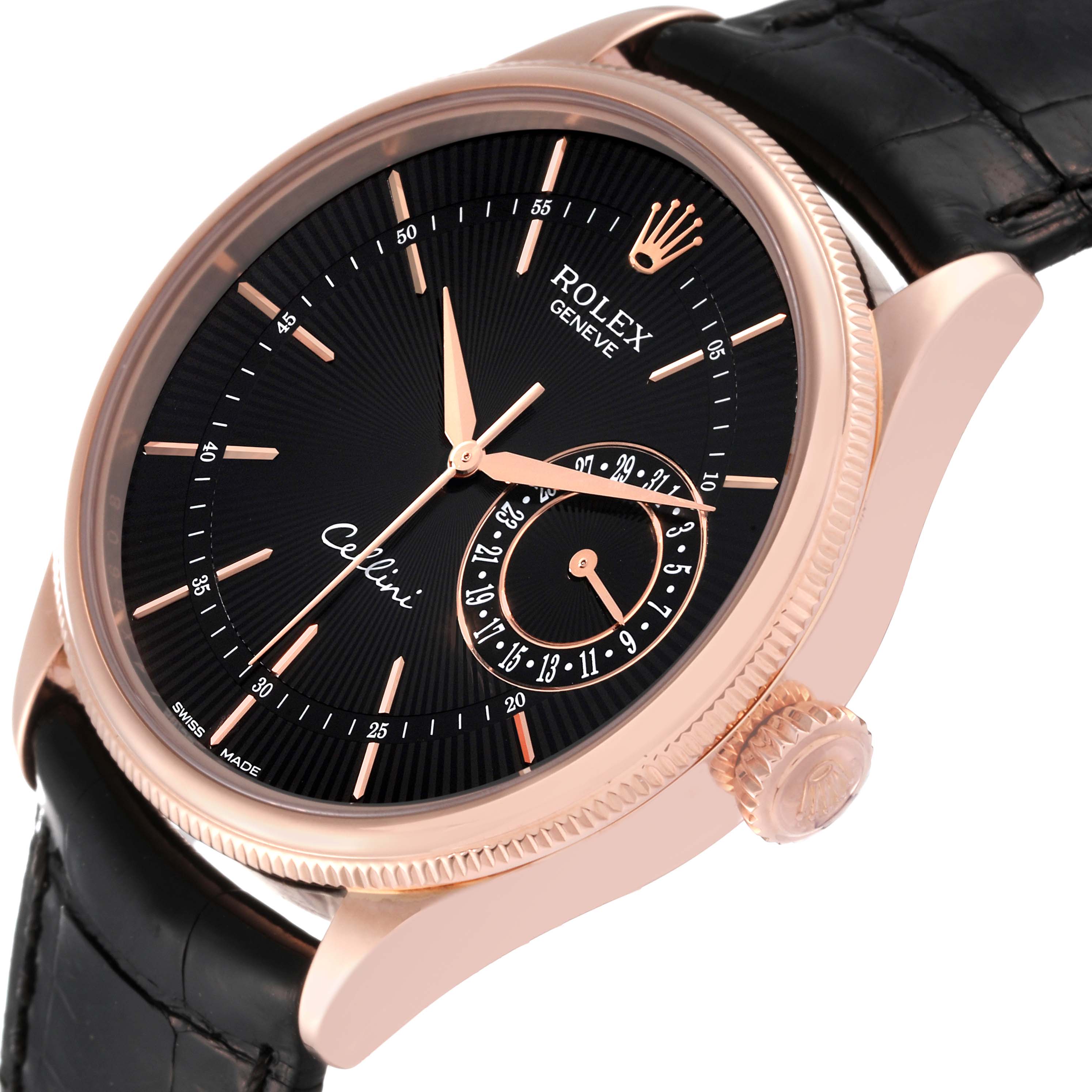 The watch is a Rolex Cellini 50515 Men's Rose Gold Black Dial 50515 Men's Rose Gold Black Dial model shown from a three-quarter angle, showcasing its face, crown, case, and black leather strap.