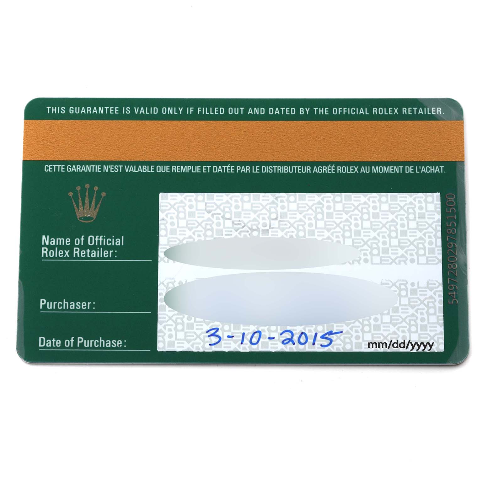 The image shows a green warranty card for a Rolex Cellini 50515 Men's Rose Gold Black Dial 50515 Men's Rose Gold Black Dial watch, displaying the purchase date of 3-10-2015.