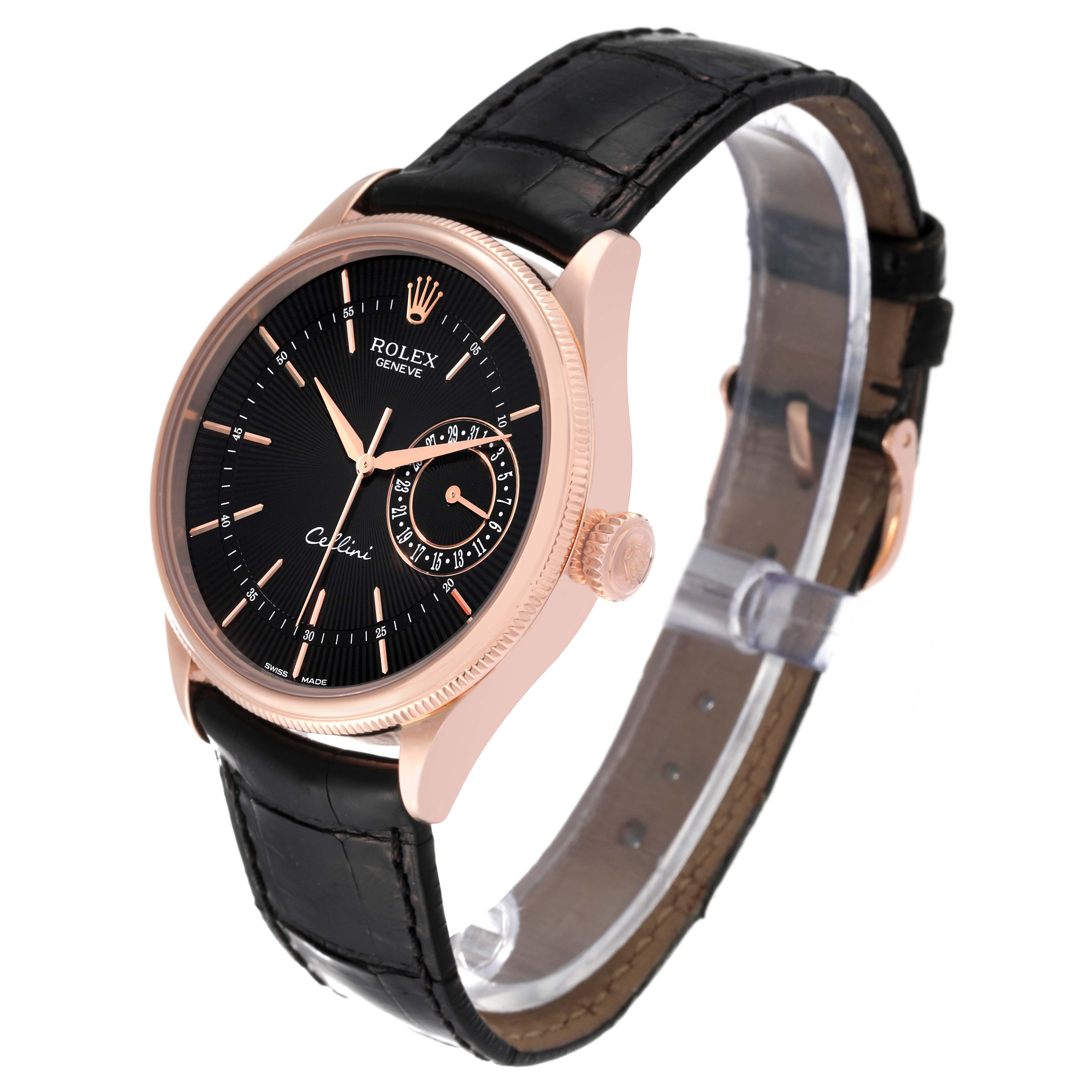 This image shows a Rolex Cellini 50515 Men's Rose Gold Black Dial 50515 Men's Rose Gold Black Dial watch at a three-quarter angle, highlighting the watch face, crown, and leather strap.
