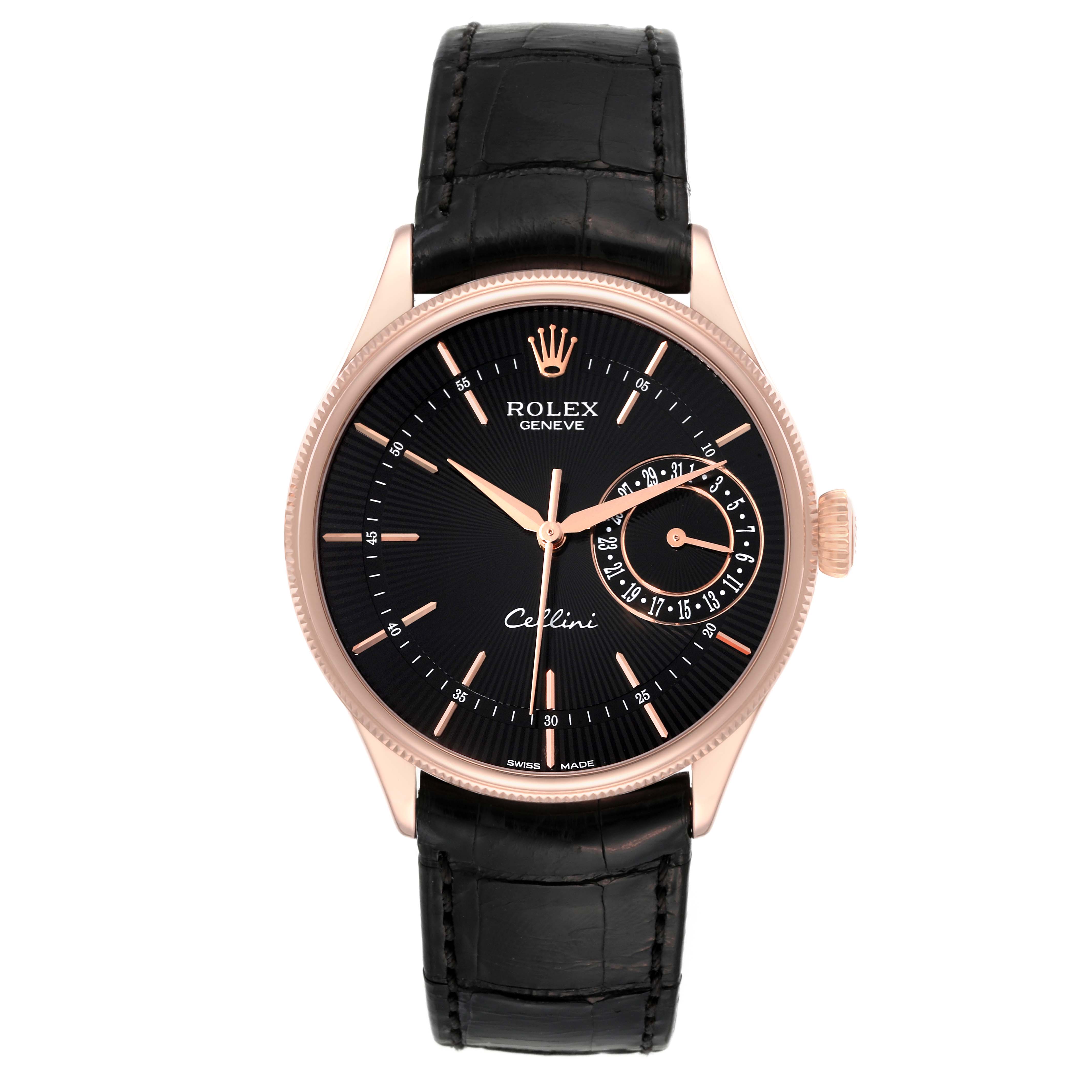 The image shows a front view of a Rolex Cellini 50515 Men's Rose Gold Black Dial 50515 Men's Rose Gold Black Dial watch with a black leather strap and a black dial.
