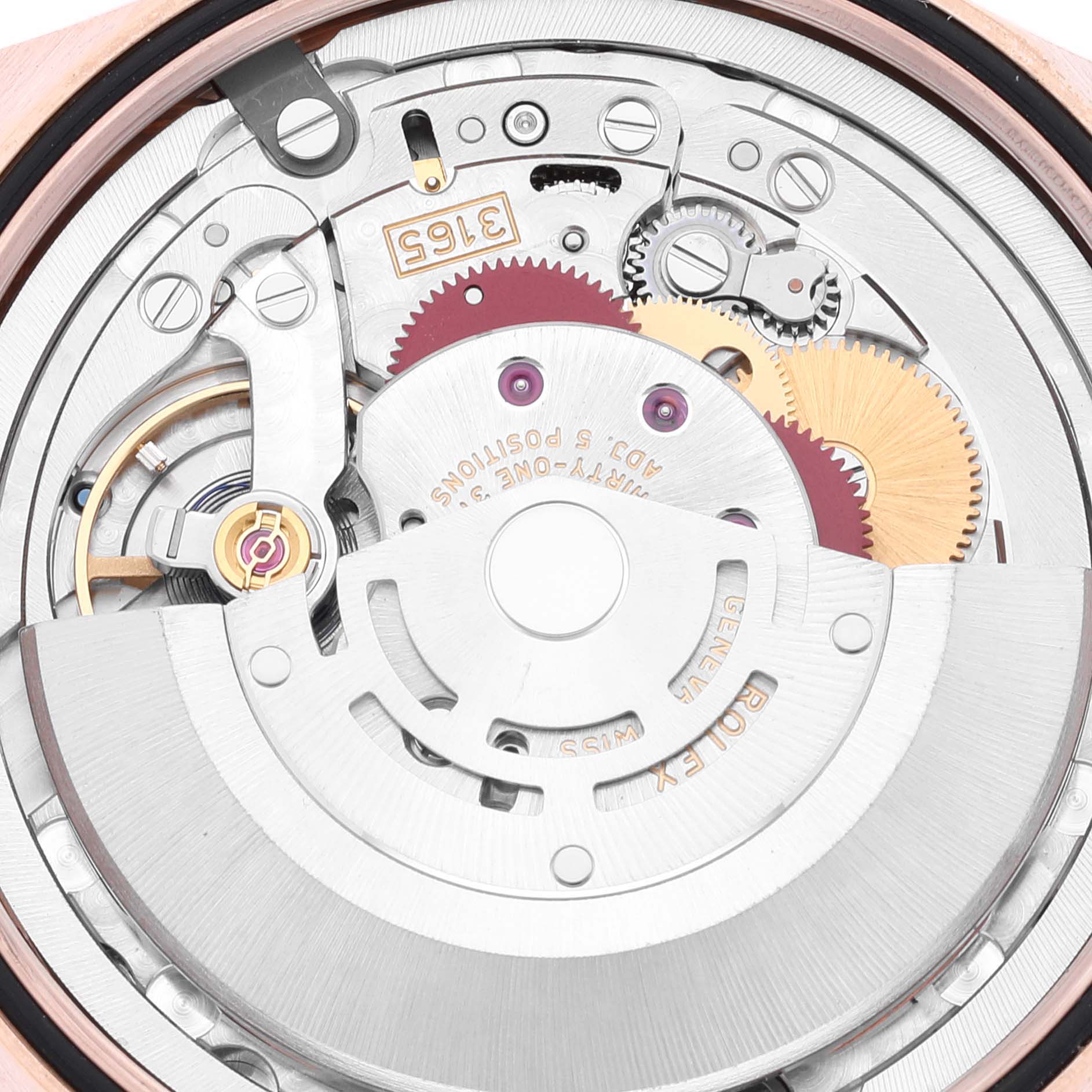 The image shows a close-up view of the intricate internal movement mechanism of a Rolex Cellini 50515 Men's Rose Gold Black Dial 50515 Men's Rose Gold Black Dial watch.