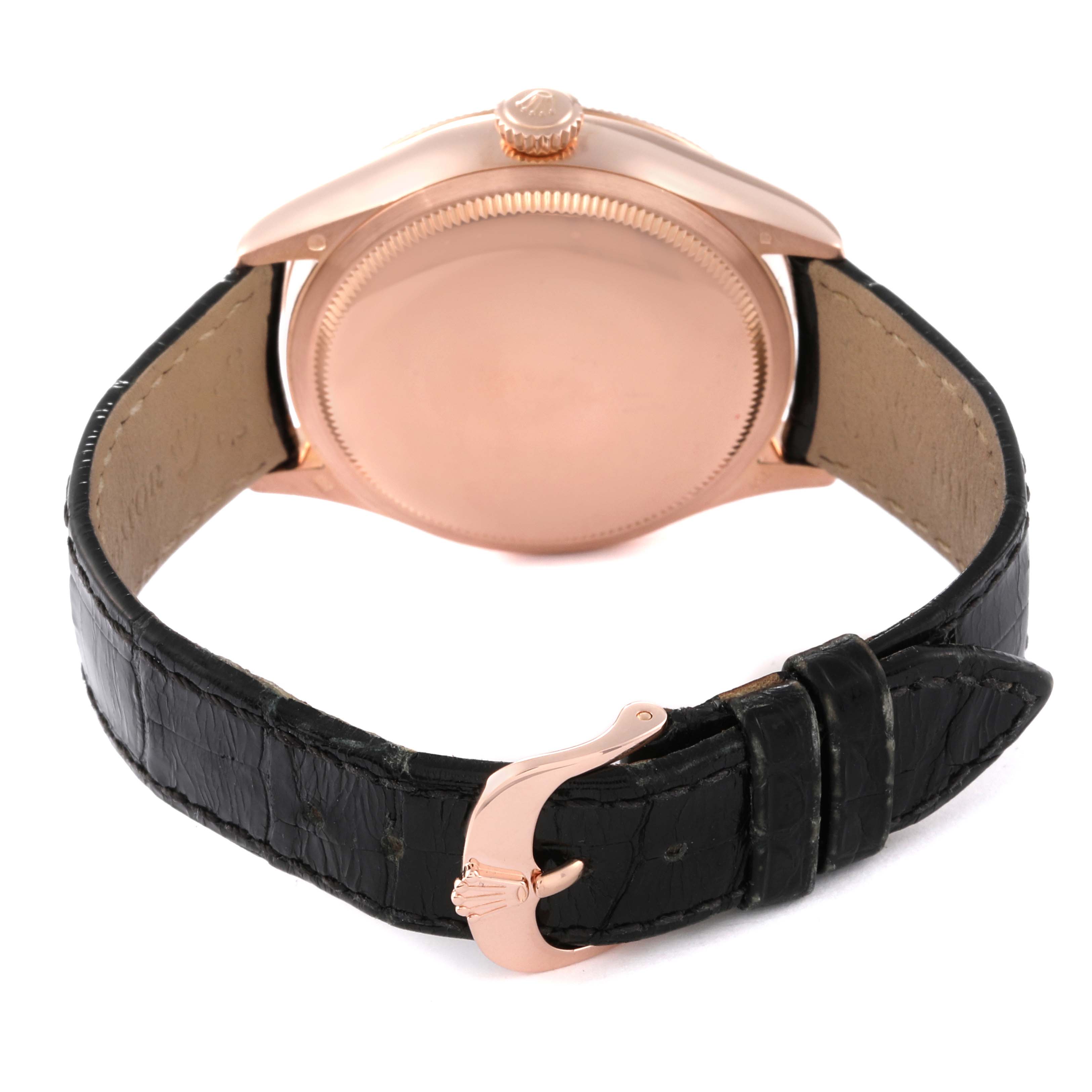 This image shows the back case and clasp of the Rolex Cellini 50515 Men's Rose Gold Black Dial 50515 Men's Rose Gold Black Dial watch at a rear angle.