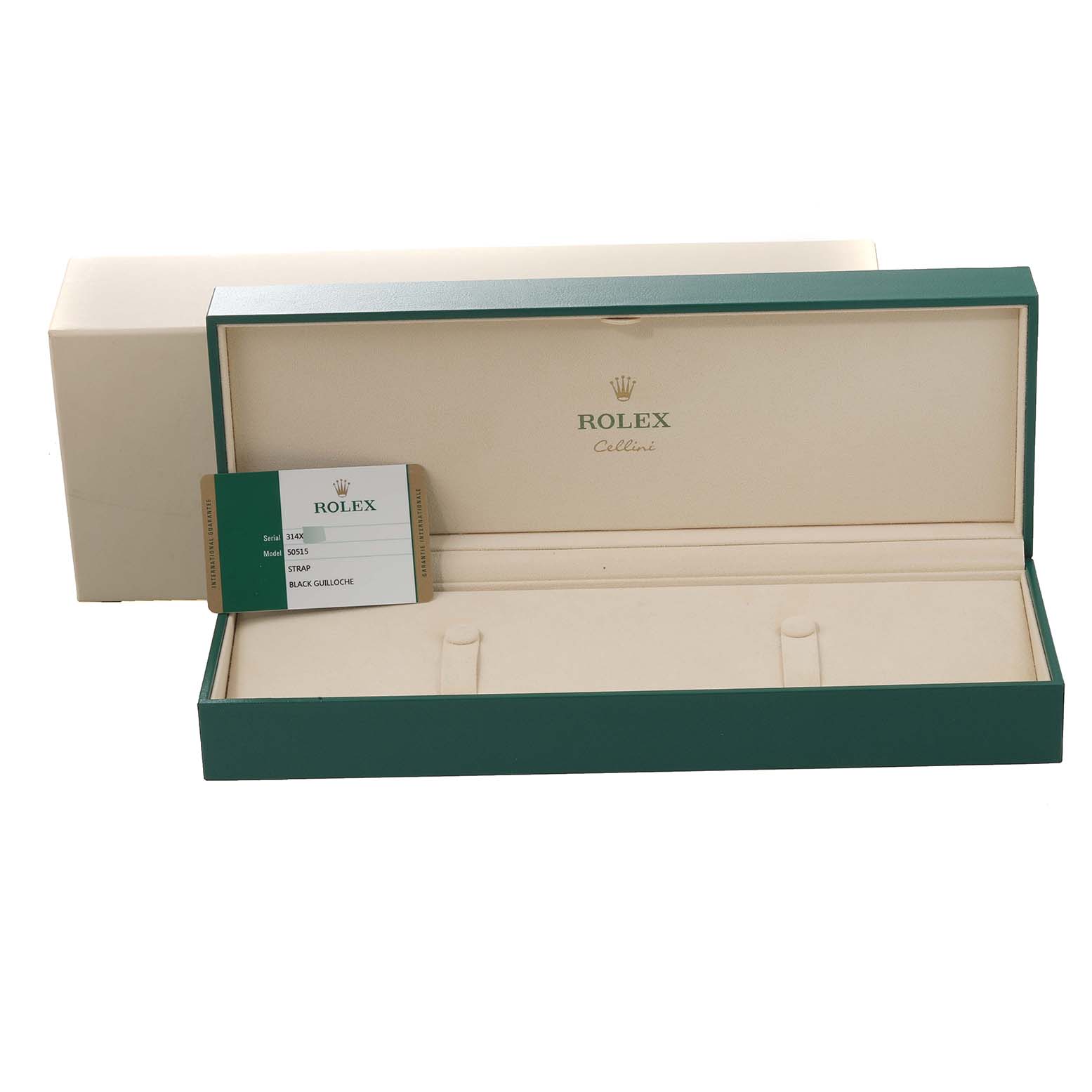 This image shows an open Rolex Cellini 50515 Men's Rose Gold Black Dial 50515 Men's Rose Gold Black Dial watch box with interior padding and a green and white information card.
