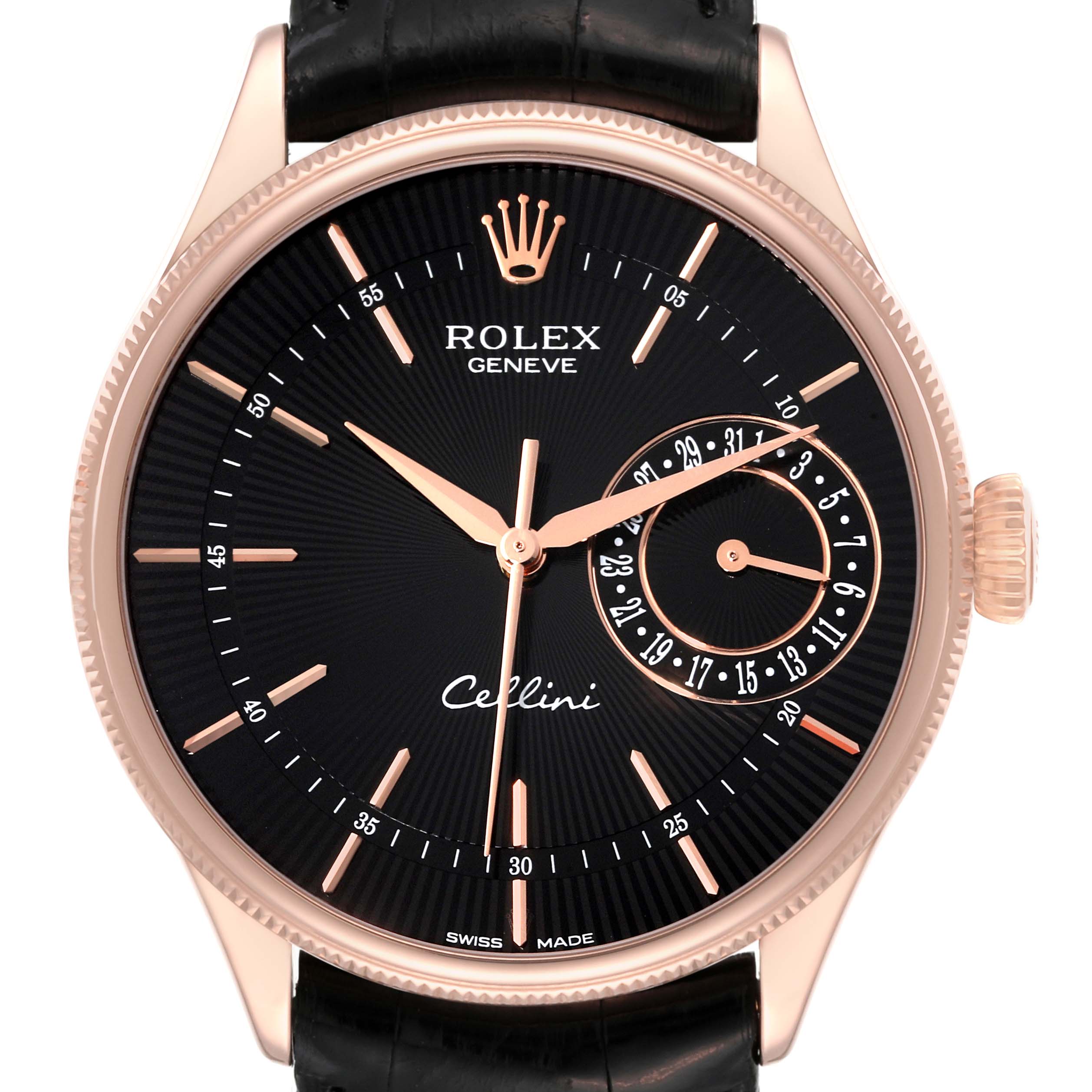 This image shows a front view of a Rolex Cellini 50515 Men's Rose Gold Black Dial 50515 Men's Rose Gold Black Dial watch, highlighting its face, dial, hour markers, hands, and crown.