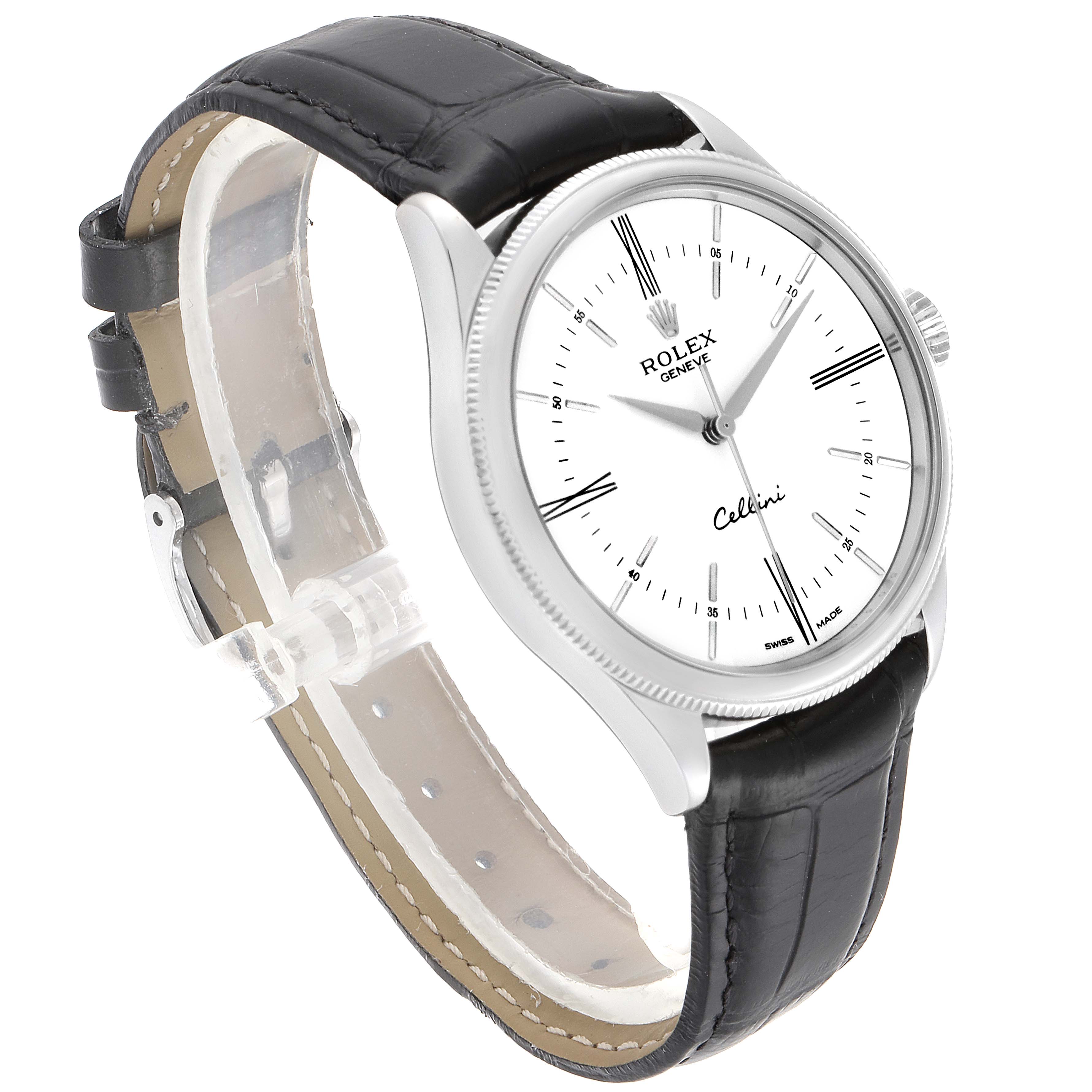 This image shows the Rolex Cellini 50509 Men
s White Gold White Dial 50509 Men
s White Gold White Dial model watch at a three-quarter angle, highlighting the face, bezel, and black leather strap.
