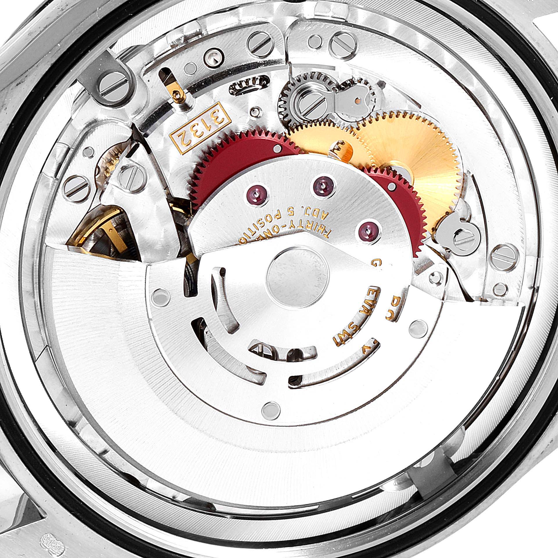 This image shows the intricate inner mechanisms of a Rolex Cellini 50509 Men
s White Gold White Dial 50509 Men
s White Gold White Dial watch from a close-up, back angle.