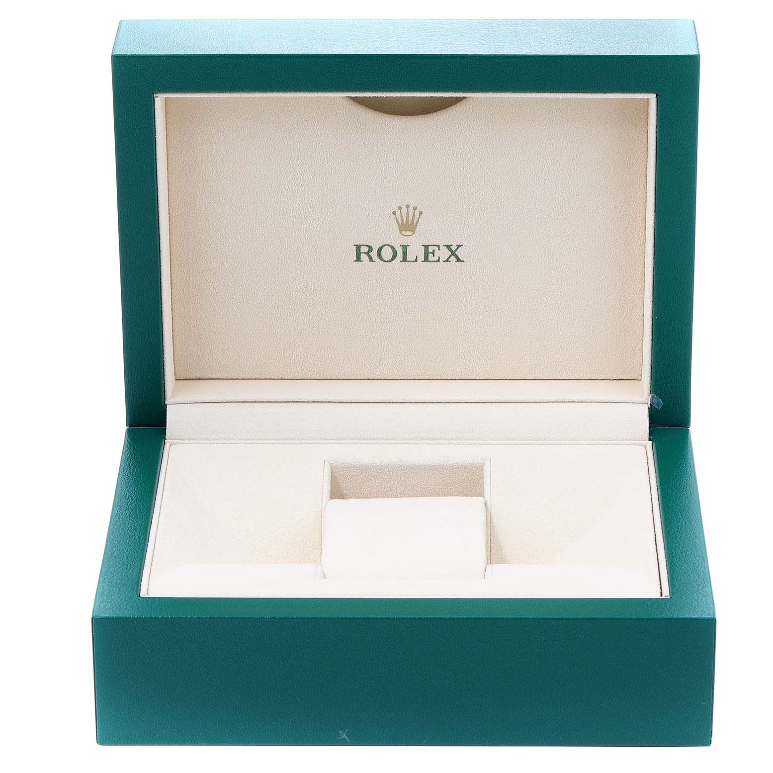 Shown is an open green and beige Rolex watch box for the Cellini model, viewed from the front.