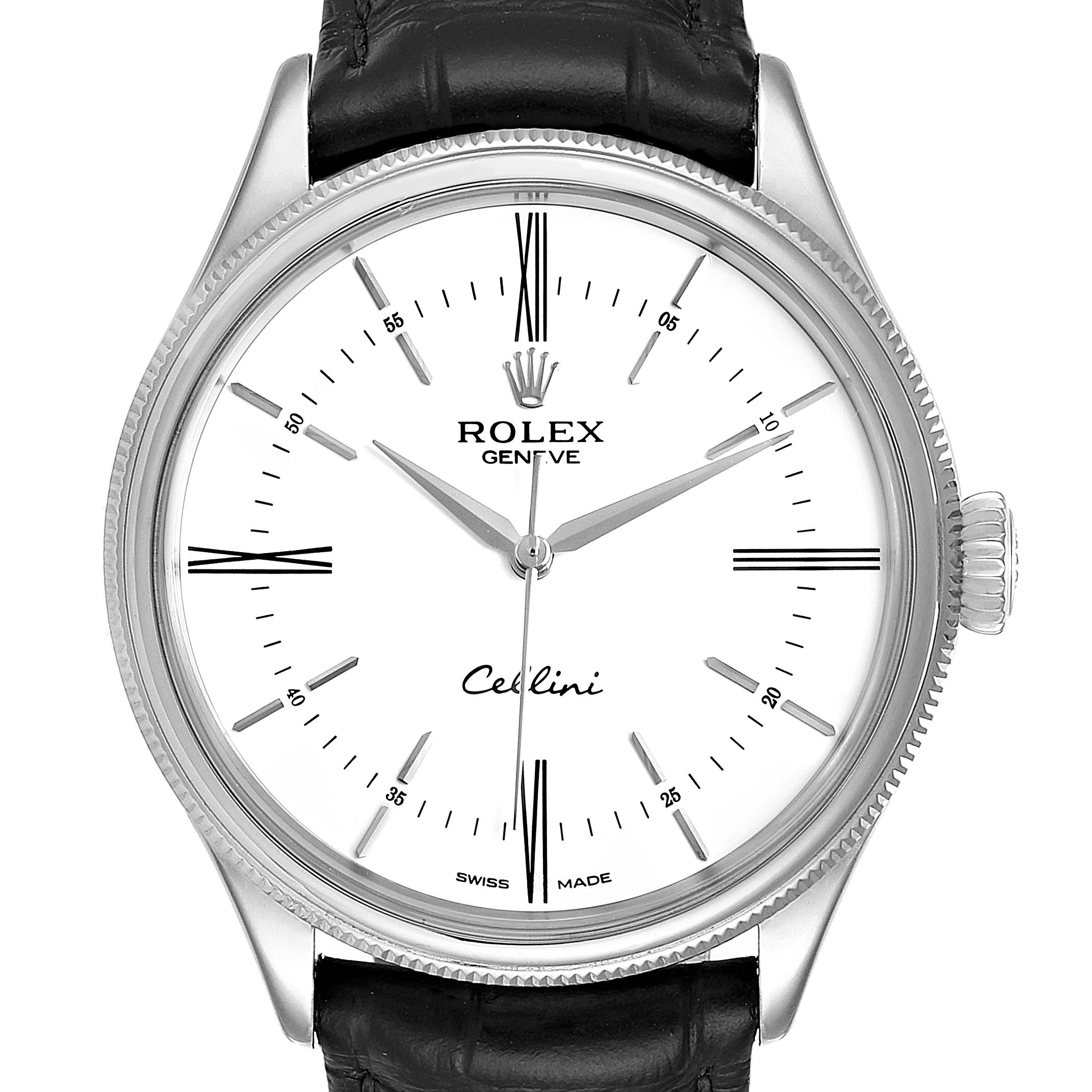 The image shows a front view of a Rolex Cellini 50509 Men
s White Gold White Dial 50509 Men
s White Gold White Dial watch, featuring its dial, hands, bezel, crown, and part of the leather strap.