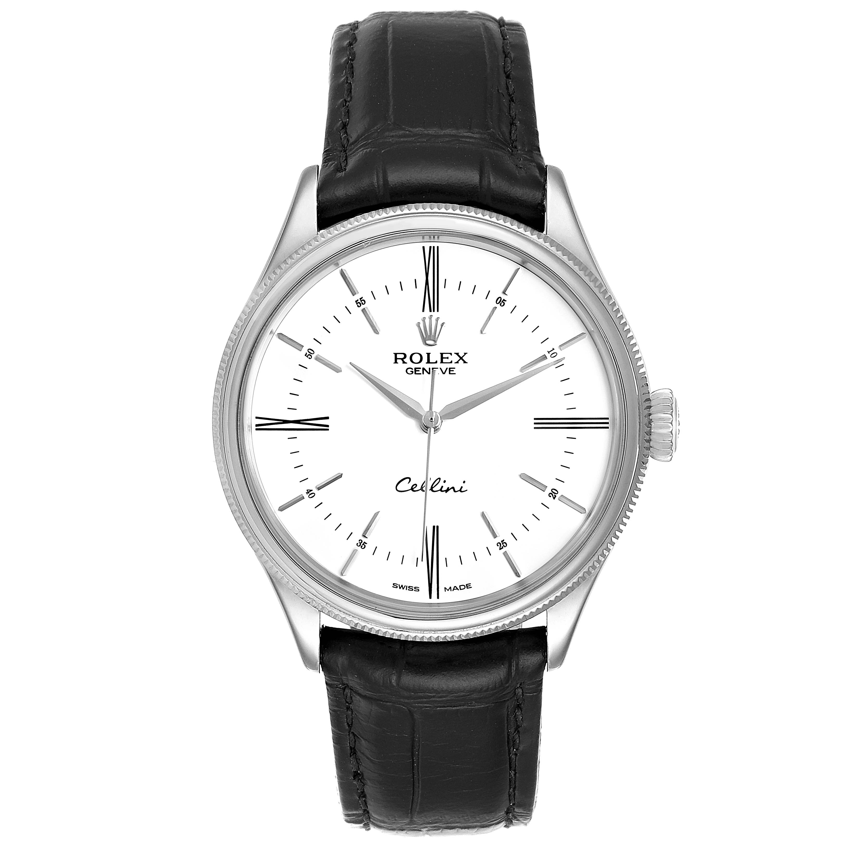 The Rolex Cellini 50509 Men
s White Gold White Dial 50509 Men
s White Gold White Dial watch is shown from a front angle, displaying its white dial, black leather strap, and silver-toned case.