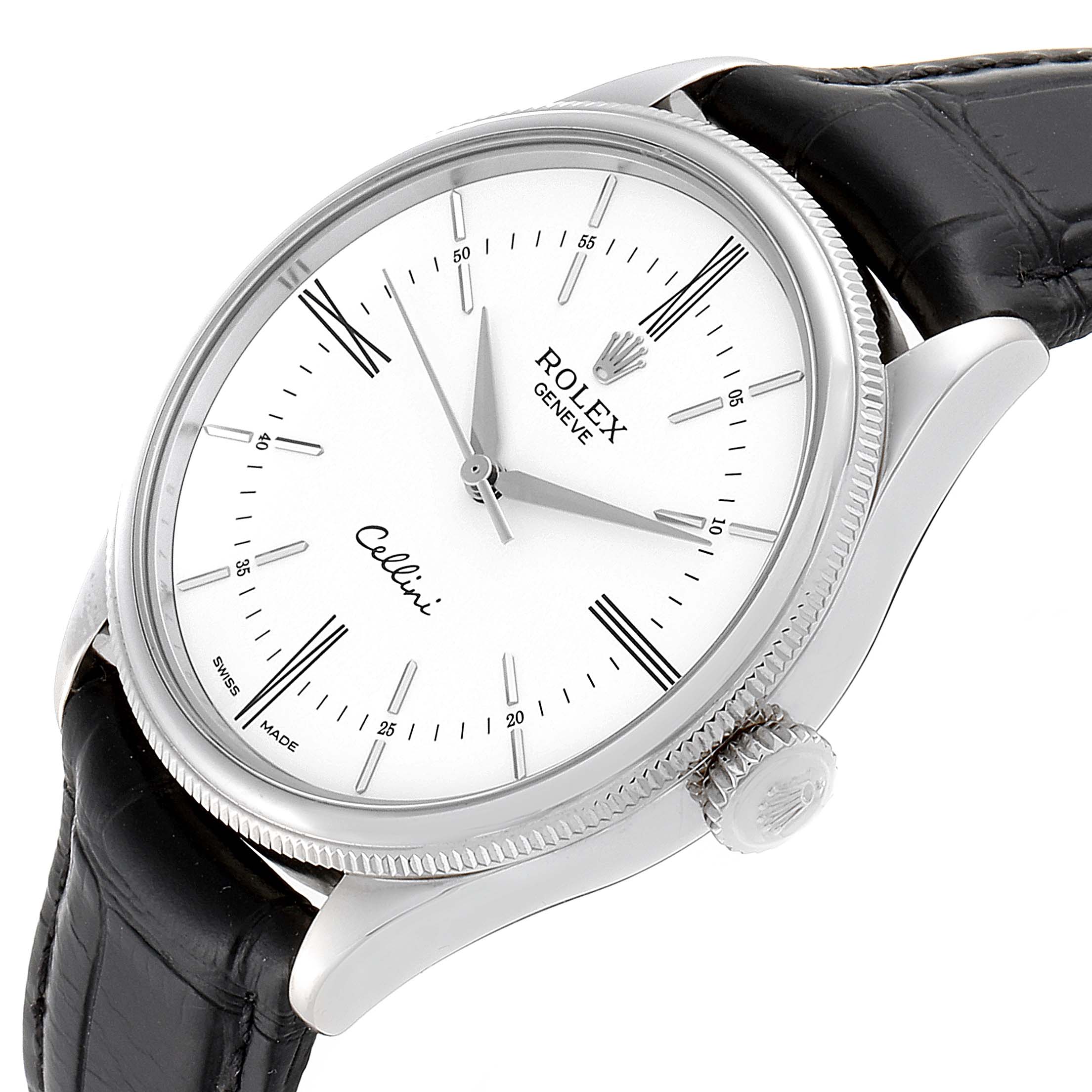 The Rolex Cellini 50509 Men
s White Gold White Dial 50509 Men
s White Gold White Dial watch is shown at an angle displaying the dial, bezel, crown, and part of the leather strap.