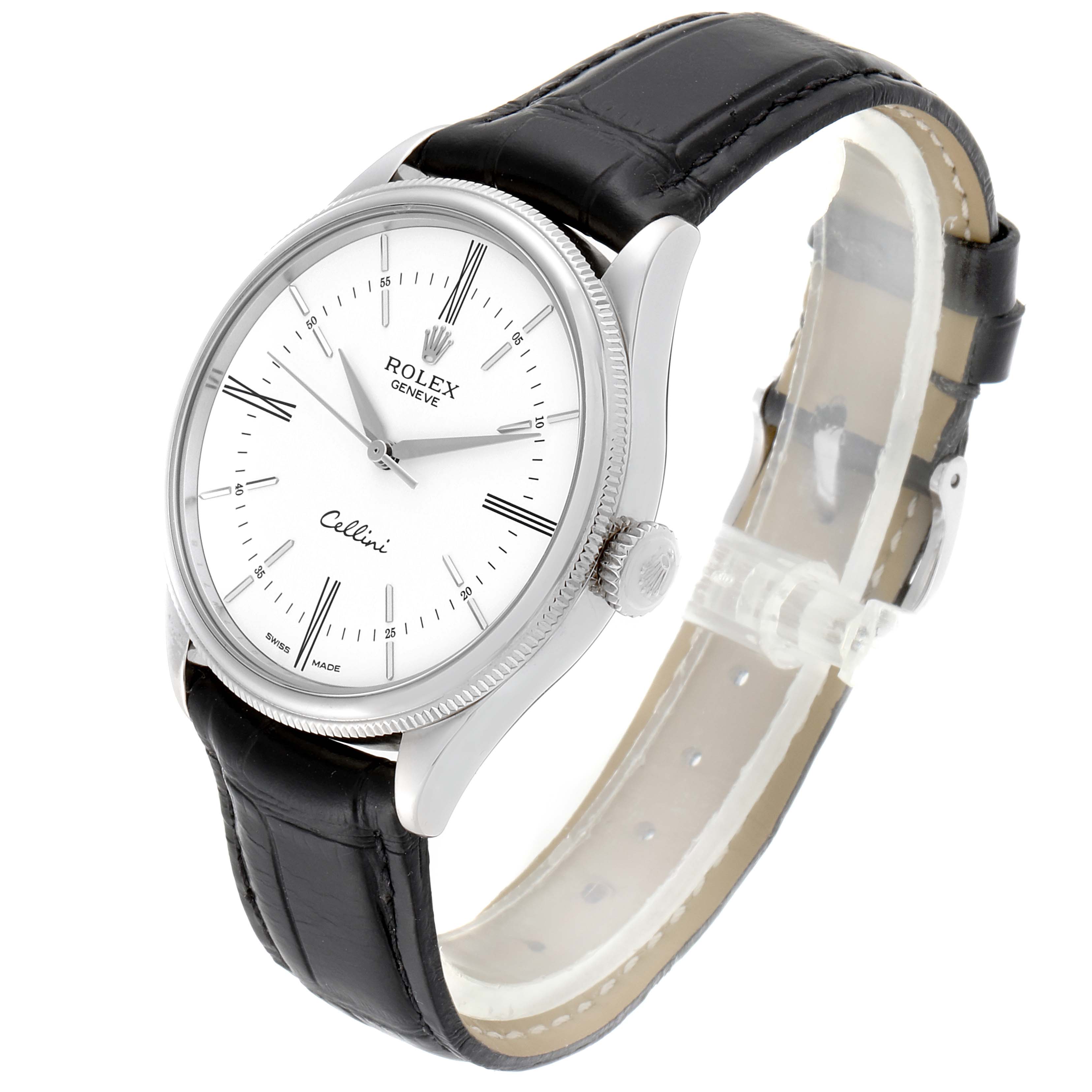This Rolex Cellini 50509 Men
s White Gold White Dial 50509 Men
s White Gold White Dial watch is shown from an angled side view, highlighting its face, bezel, crown, and leather strap.