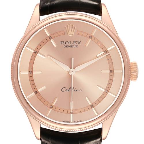 The Rolex Cellini 50505 Men's Rose Gold Pink Dial watch is shown from a front angle, displaying its dial, case, crown, and part of the leather strap.