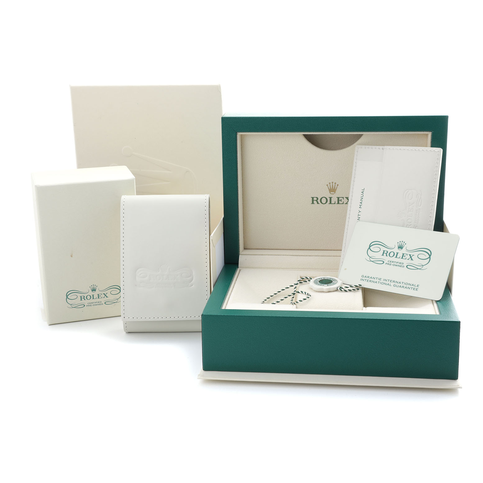 The image shows the packaging and accessories of a Rolex Cellini 50505 Men's Rose Gold Pink Dial, including the box, booklets, and guarantee card.