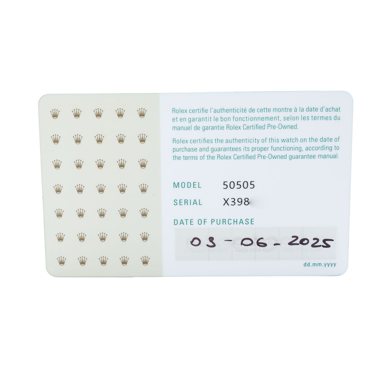 The image shows a warranty card with model and serial number details for a Rolex Cellini 50505 Men's Rose Gold Pink Dial watch.