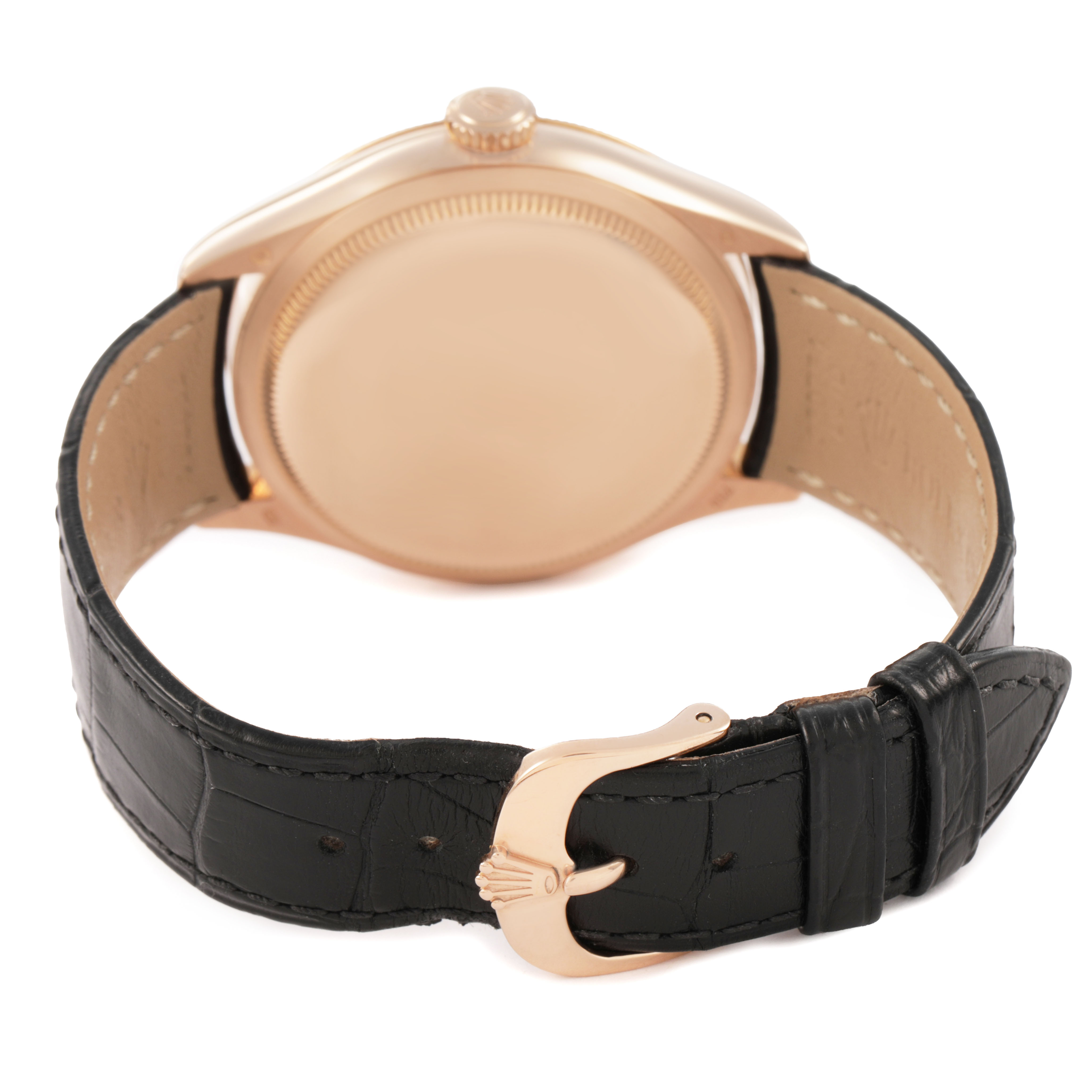 The image shows the back of a Rolex Cellini 50505 Men's Rose Gold Pink Dial watch, highlighting the clasp and black leather strap.