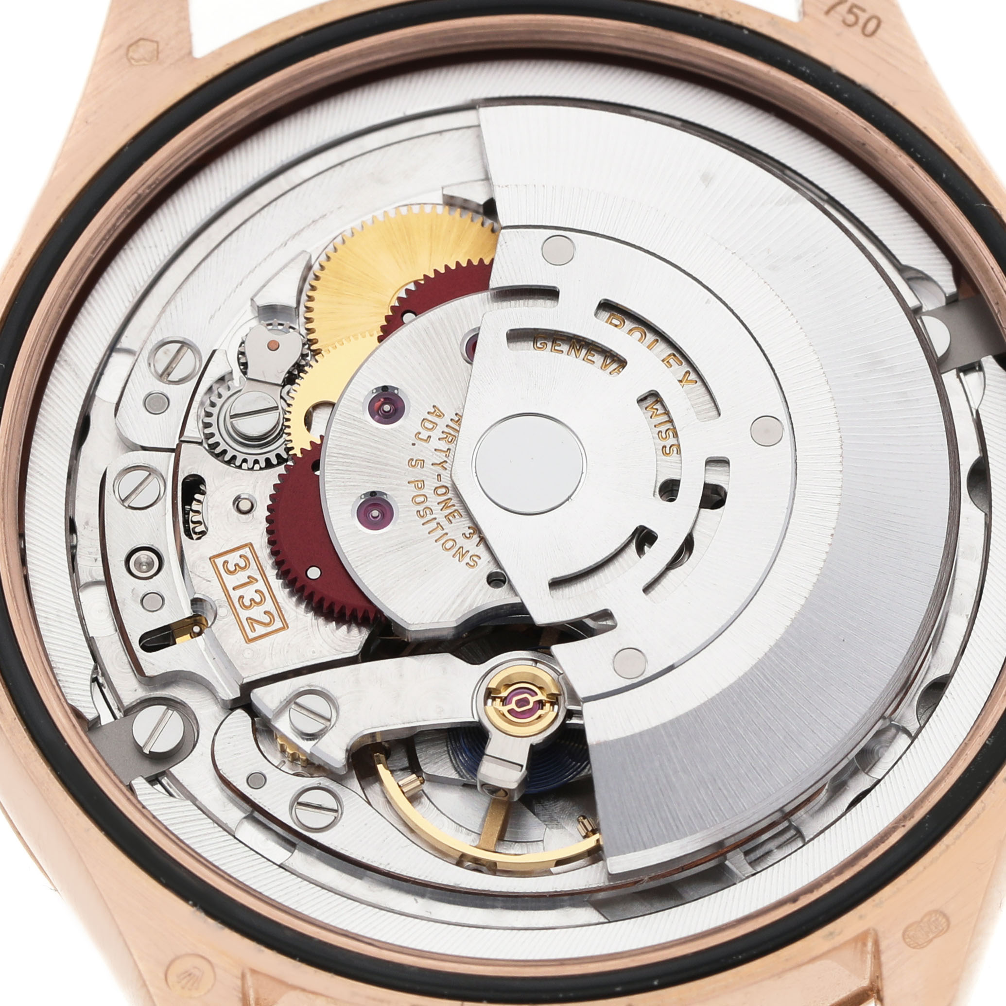 The image shows the movement of the Rolex Cellini 50505 Men's Rose Gold Pink Dial watch from the back, highlighting gears and the rotor.