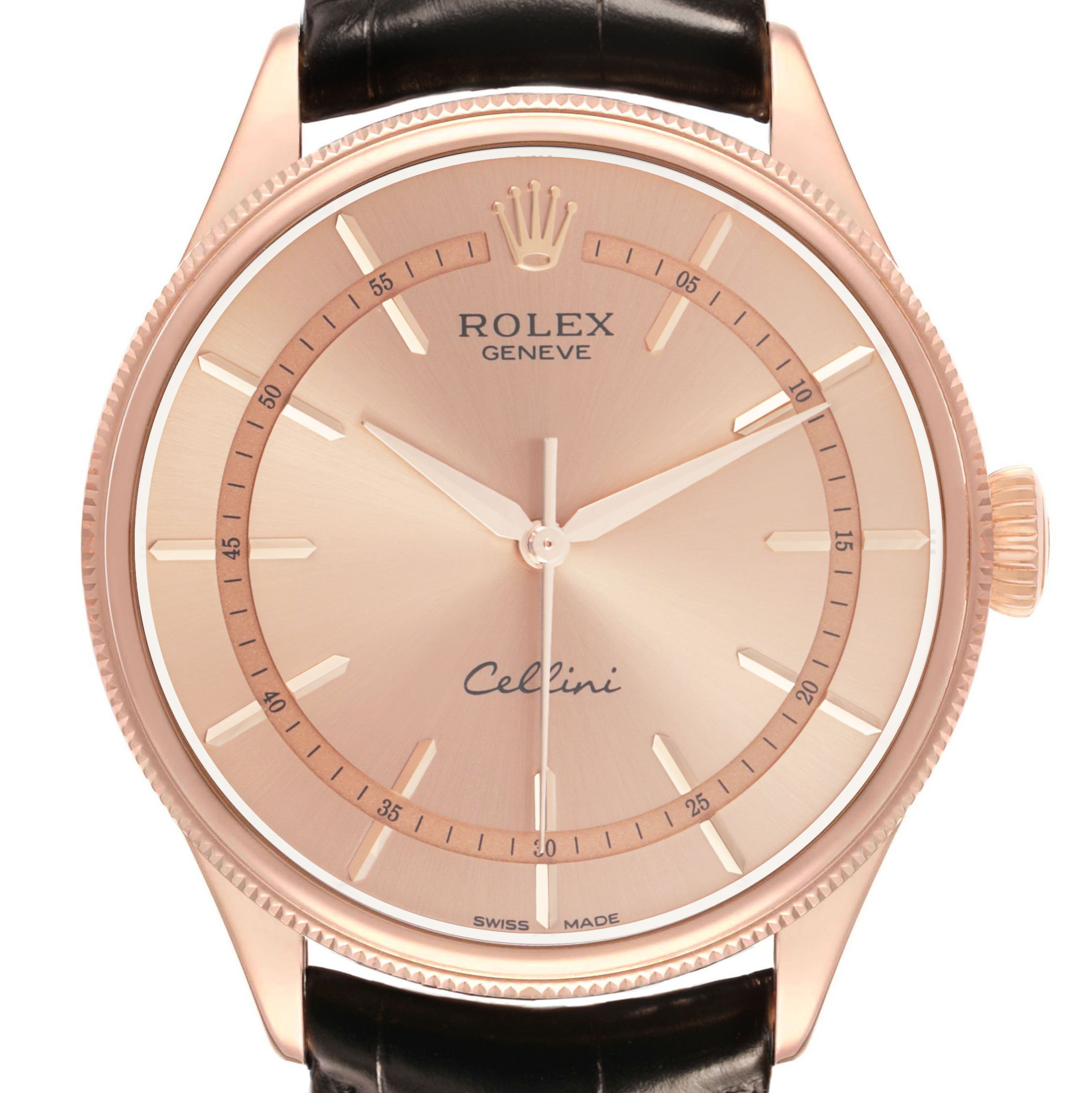 The Rolex Cellini 50505 Men's Rose Gold Pink Dial watch is shown from the front, highlighting its face, hands, crown, and leather strap.
