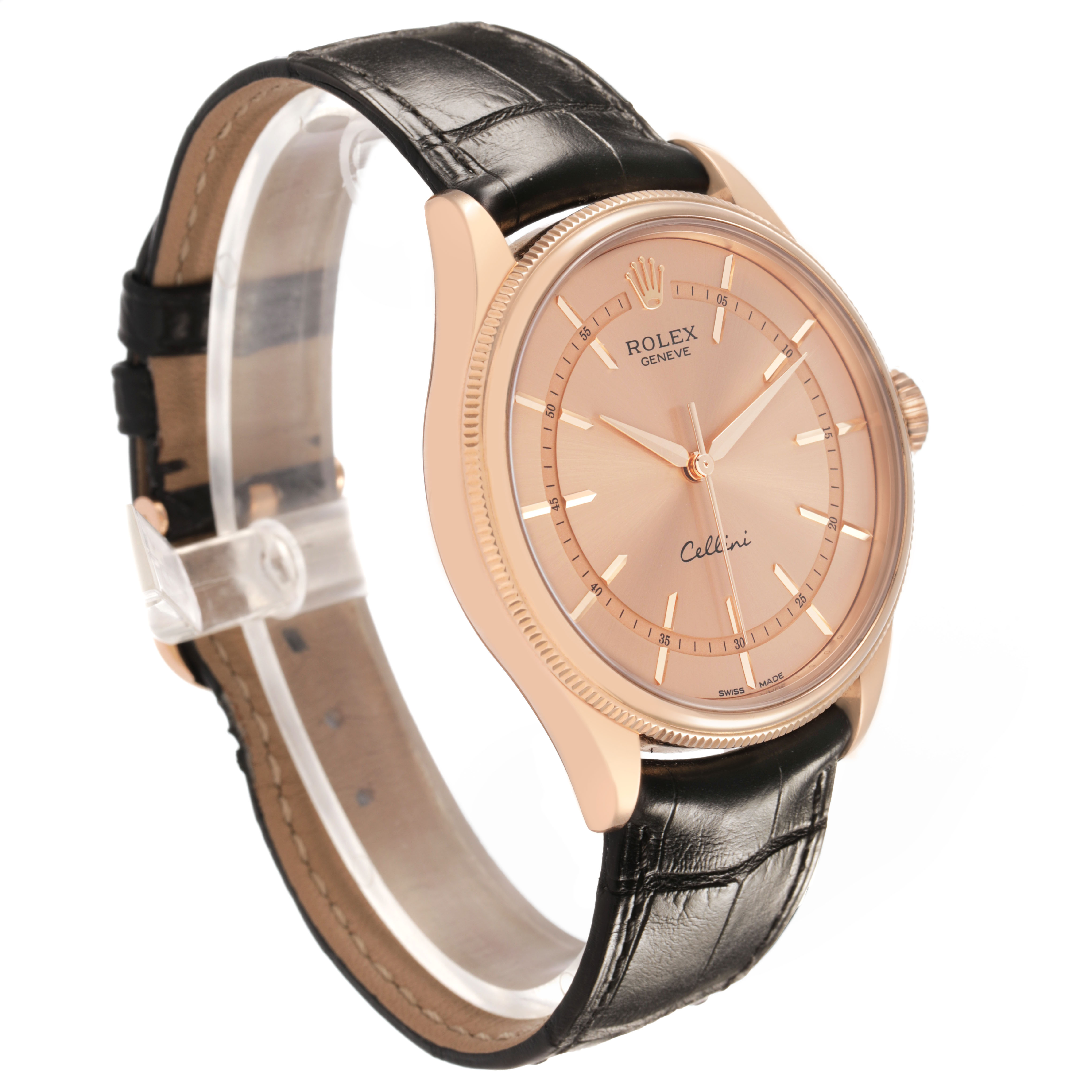The Rolex Cellini 50505 Men's Rose Gold Pink Dial watch is shown at a three-quarter angle, displaying its dial, case, crown, and leather strap.