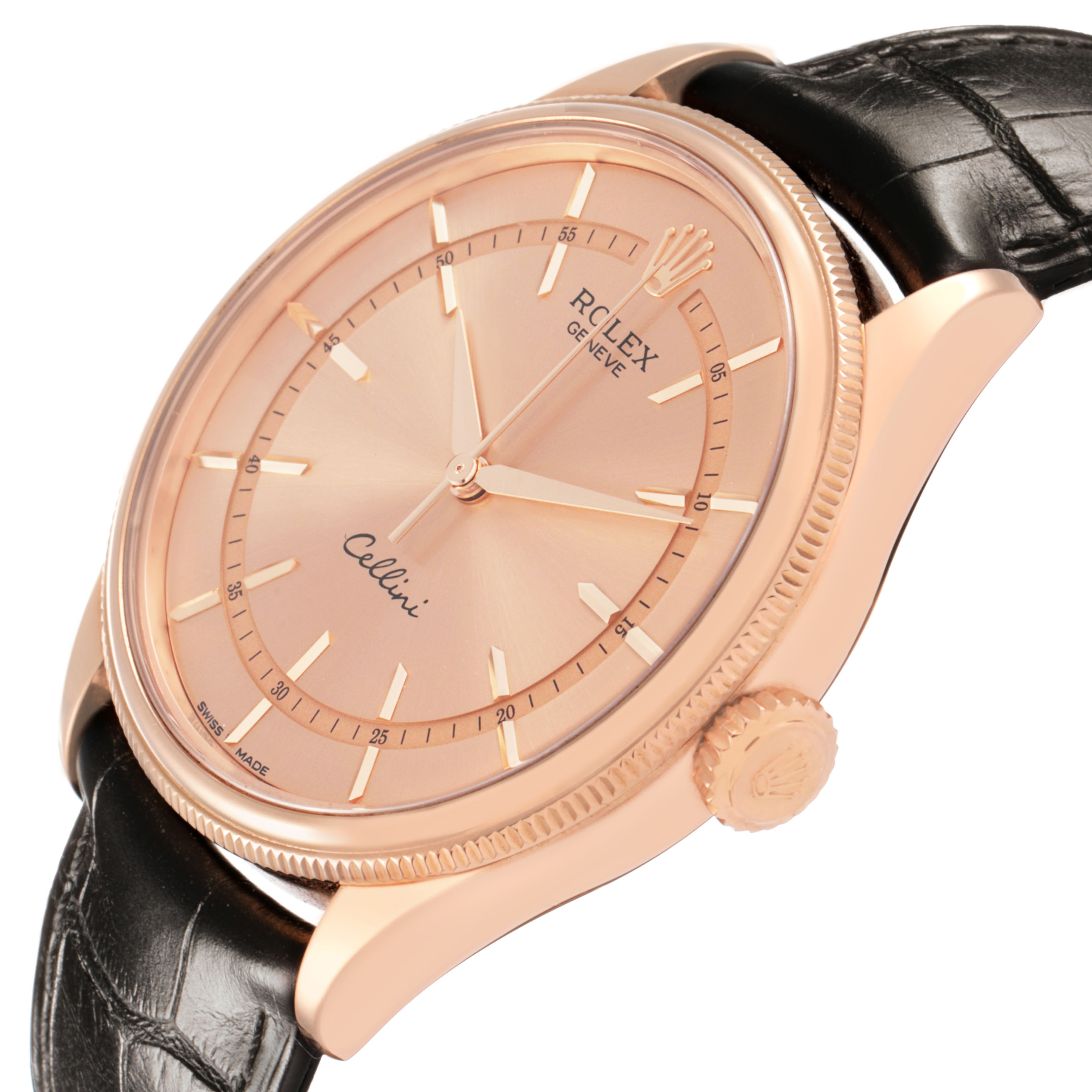 The Rolex Cellini 50505 Men's Rose Gold Pink Dial watch is shown at an angled side view, highlighting the dial, crown, and strap.
