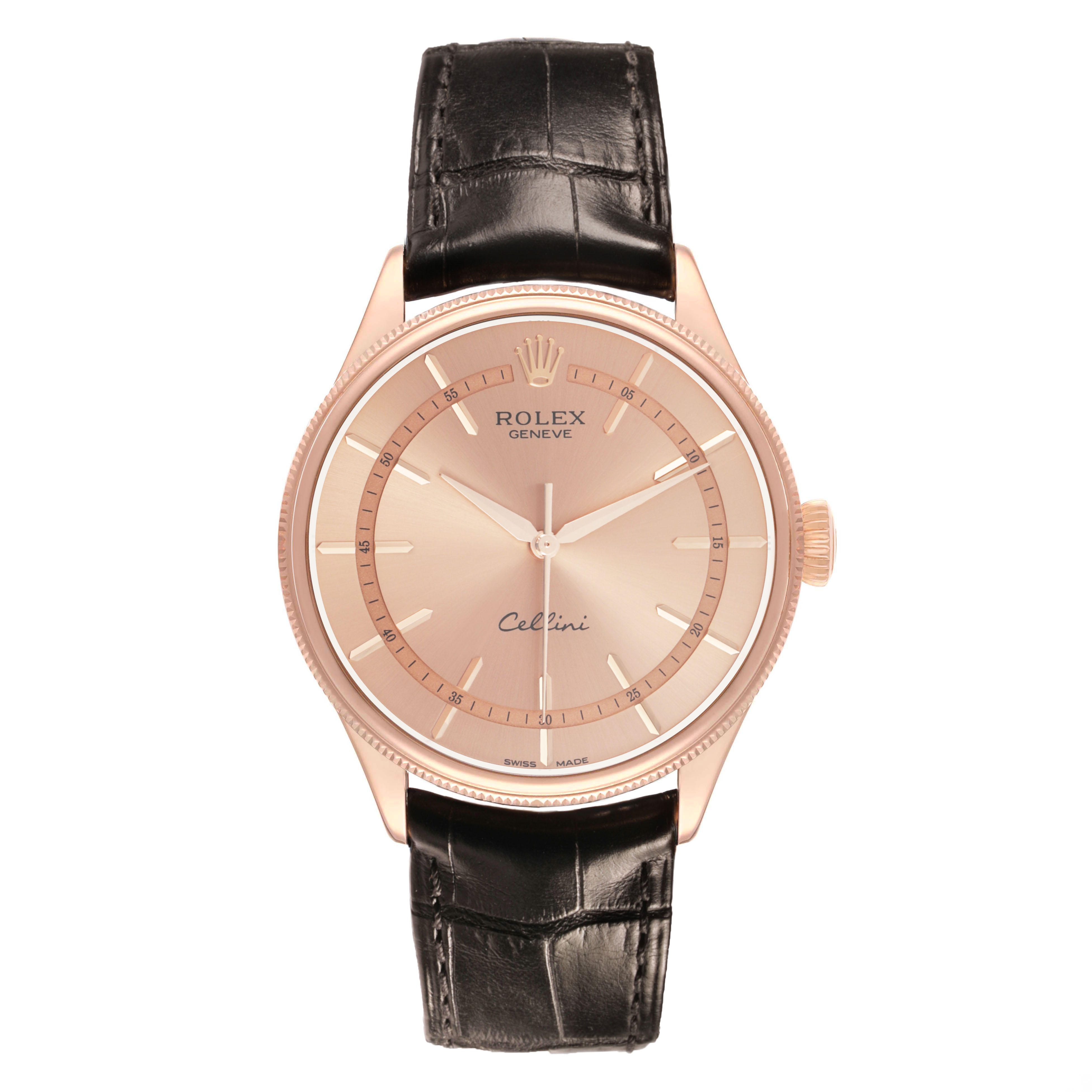 The Rolex Cellini 50505 Men's Rose Gold Pink Dial watch is shown from the front, displaying the dial, hands, case, and leather strap.